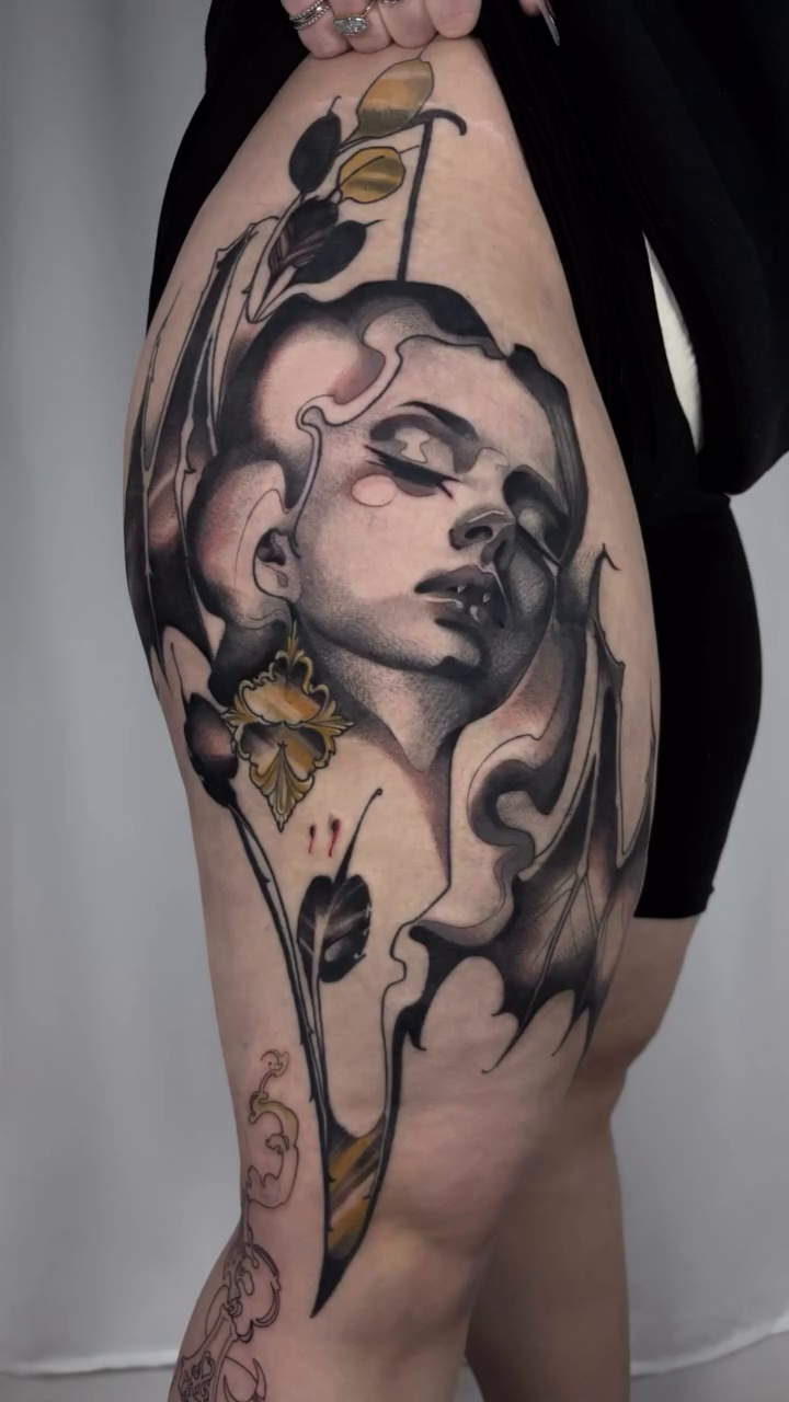 Woman with bat wings dark realism tattoo by 𝑅𝑒𝑒𝓈𝒶 𝐿𝓎𝓃𝓃 ₊ ⊹❀