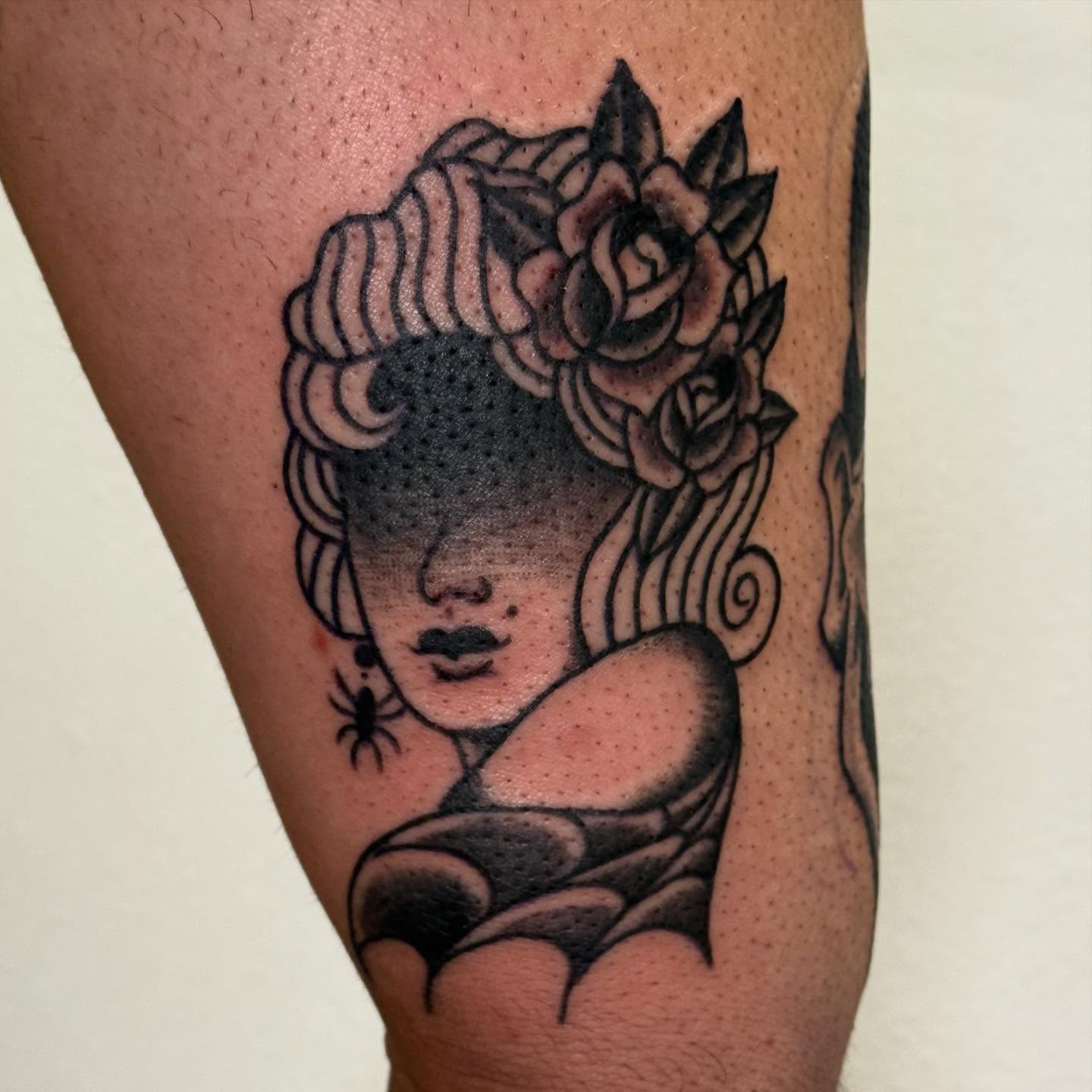 Woman with roses dotwork tattoo on the forearm by Rigo Vargas