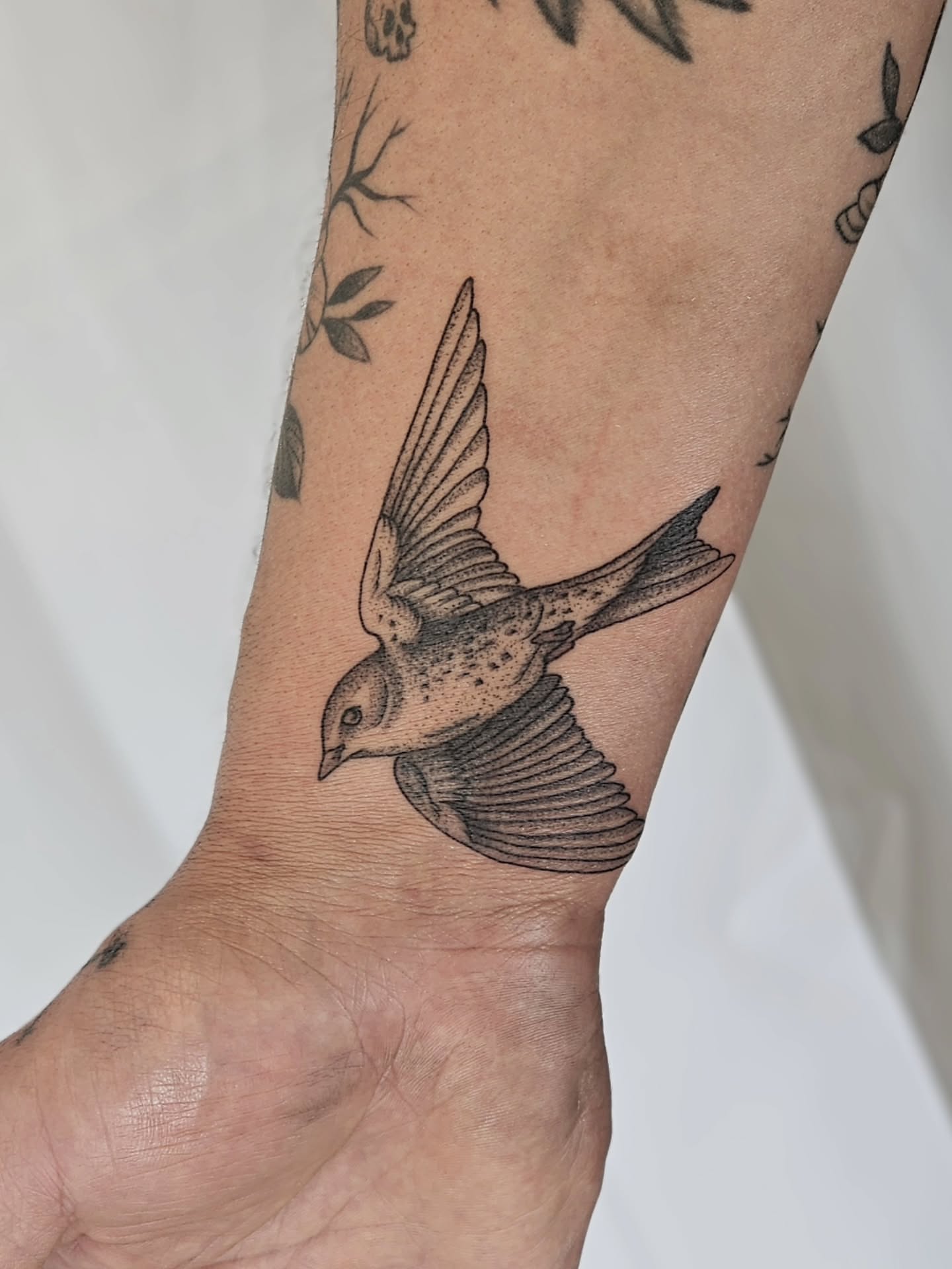 Bird dotwork tattoo on the forearm by Kylie Lund