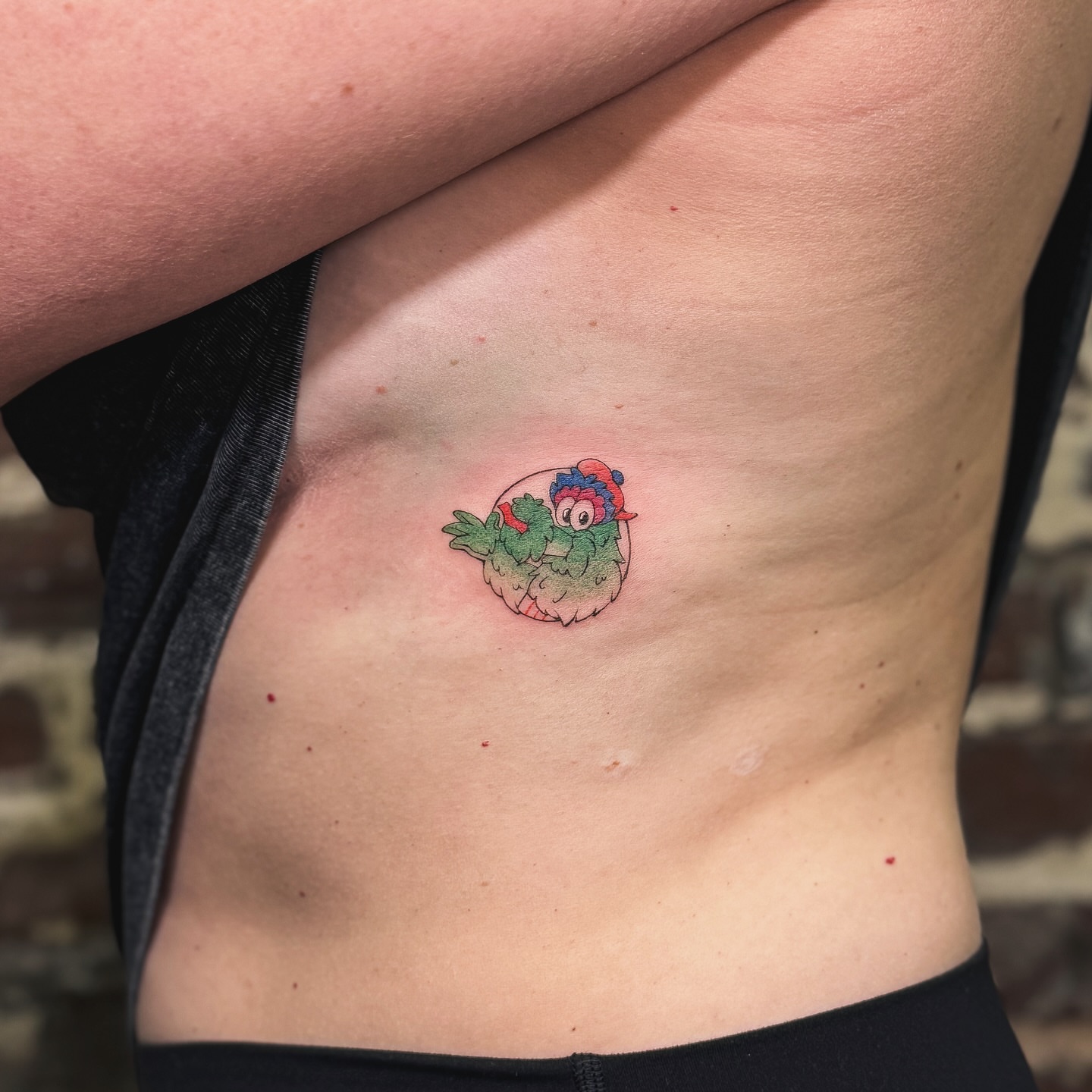 Bird wearing hat dotwork tattoo on the ribs by justin