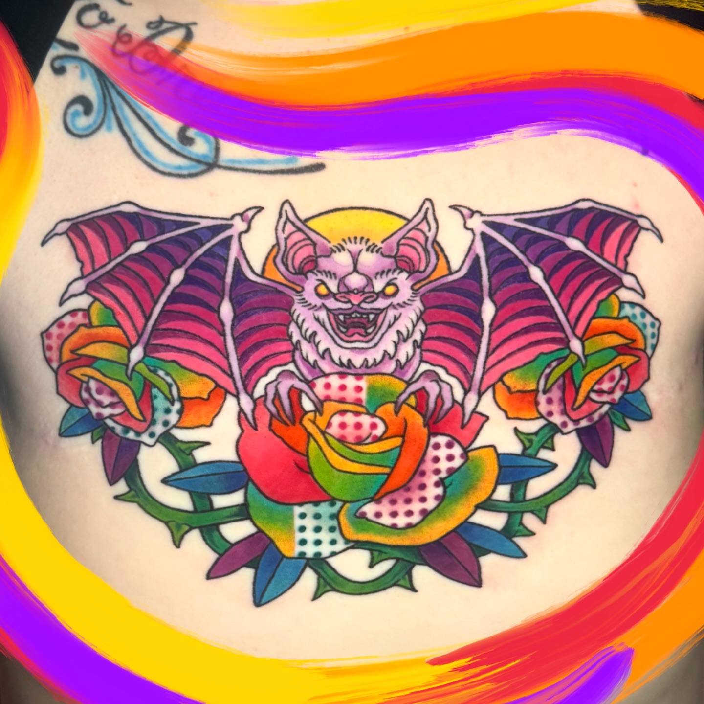 Bat and roses American traditional tattoo on the chest by π. ππππ, San Francisco, California