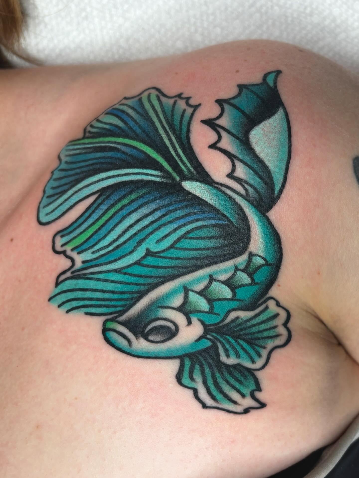 Betta fish American traditional tattoo on the shoulder by ๐๐๐ฏ๐ข๐ซ