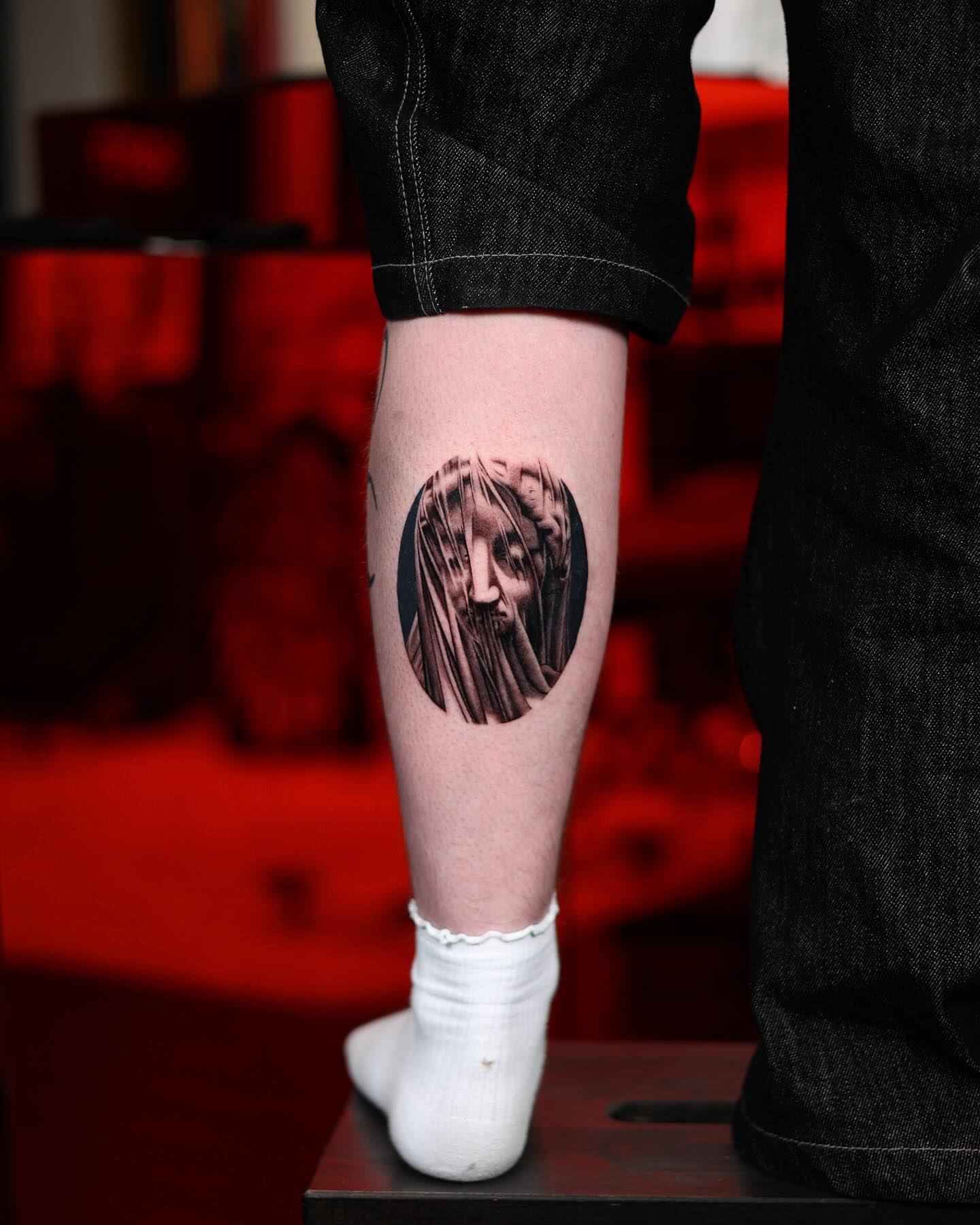 Woman's face realism tattoo on the calf by Scott!!!