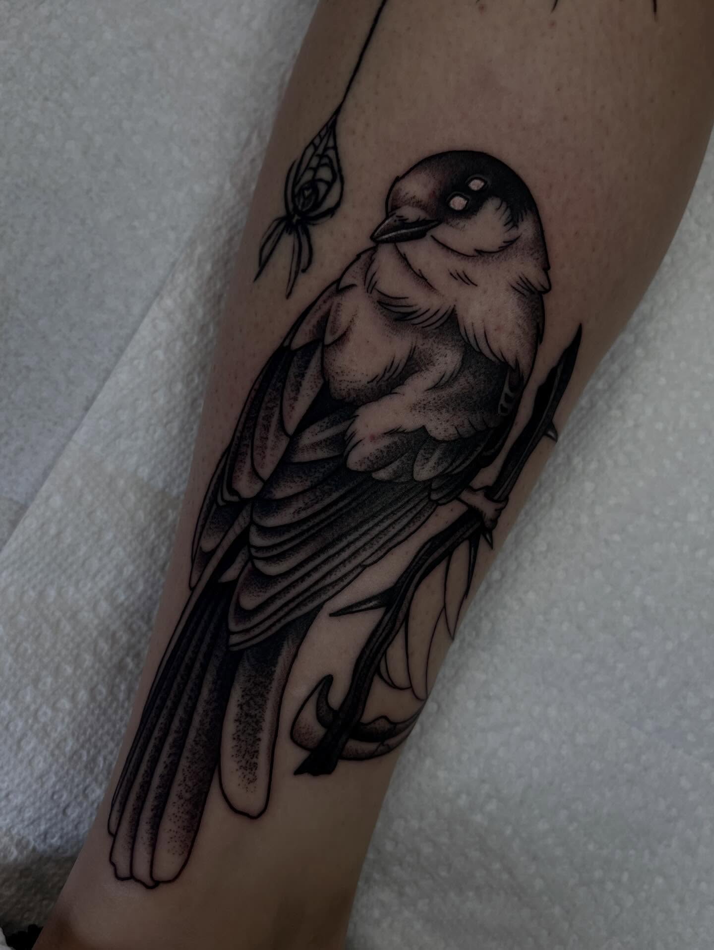 Bird dotwork tattoo on the forearm by Sacramento Tattoos (Ilona)