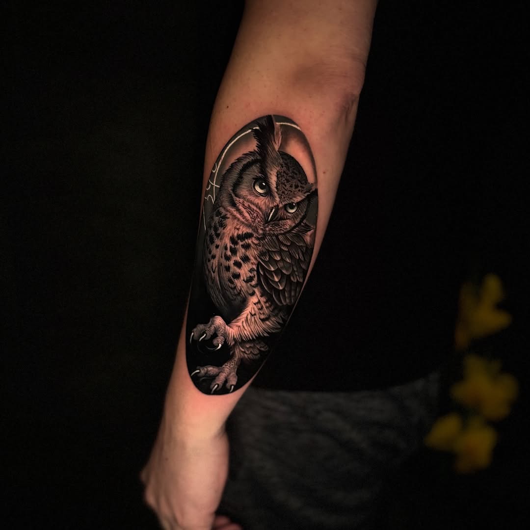 Owl portrait fine line tattoo on the forearm by Tay 🥀