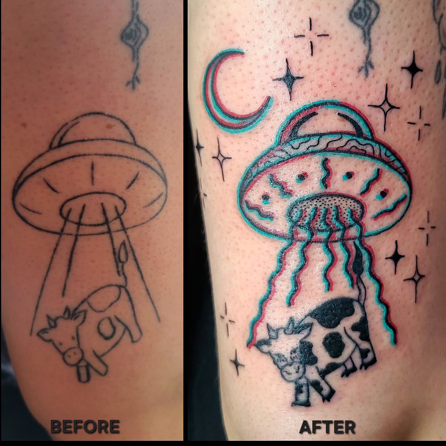 UFO abduction American traditional tattoo on the forearm by Cat Wong意藝