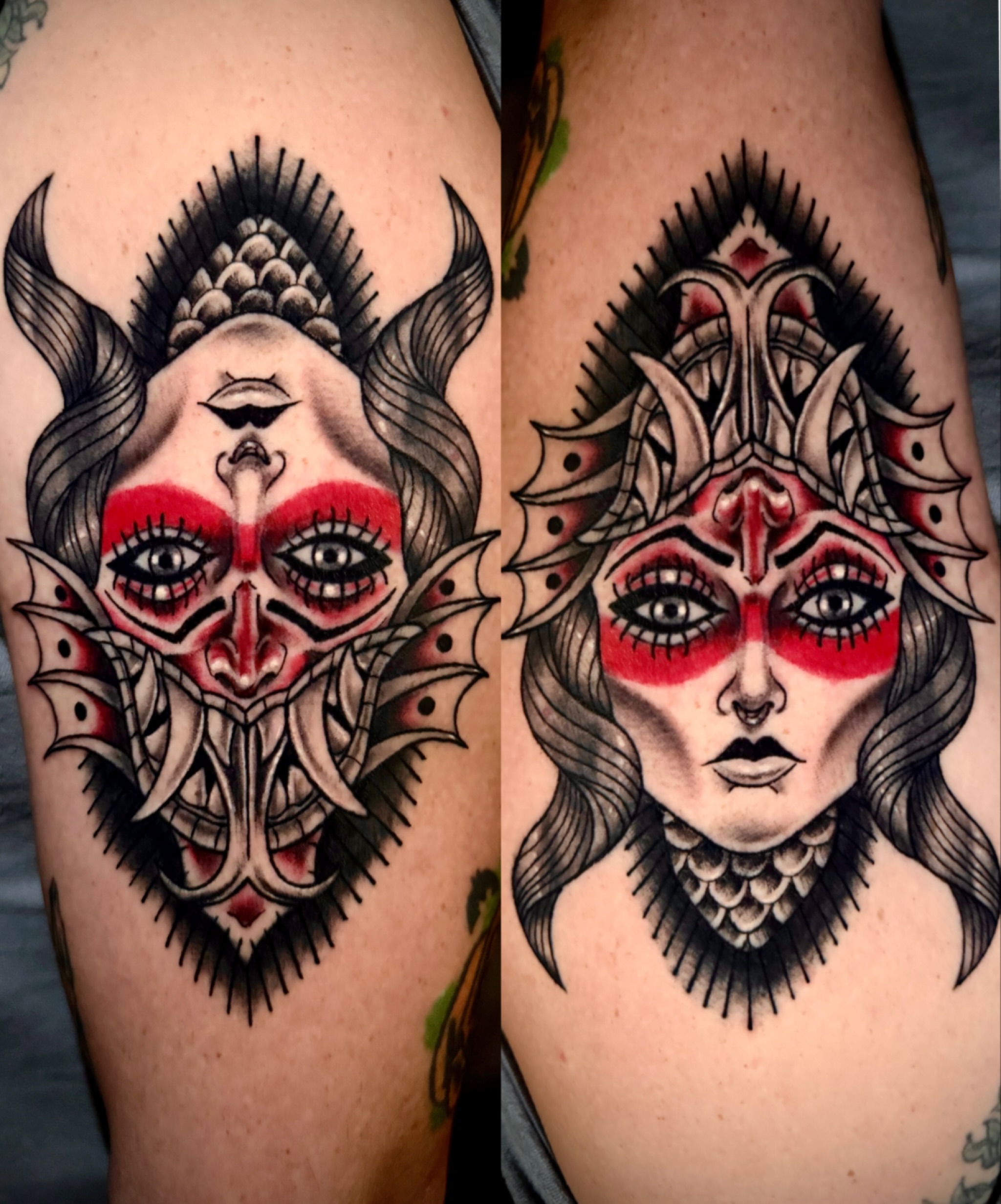 Woman with dragon headdress American traditional tattoo on the forearm by @mexcellent_tattoos
