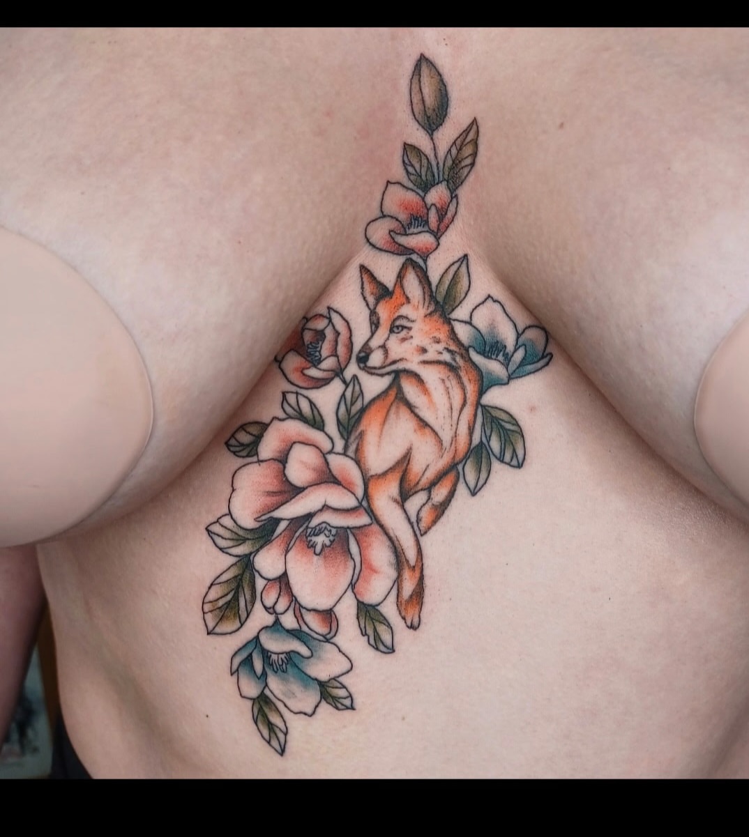Fox and flowers new school tattoo on the chest by Chris Bell