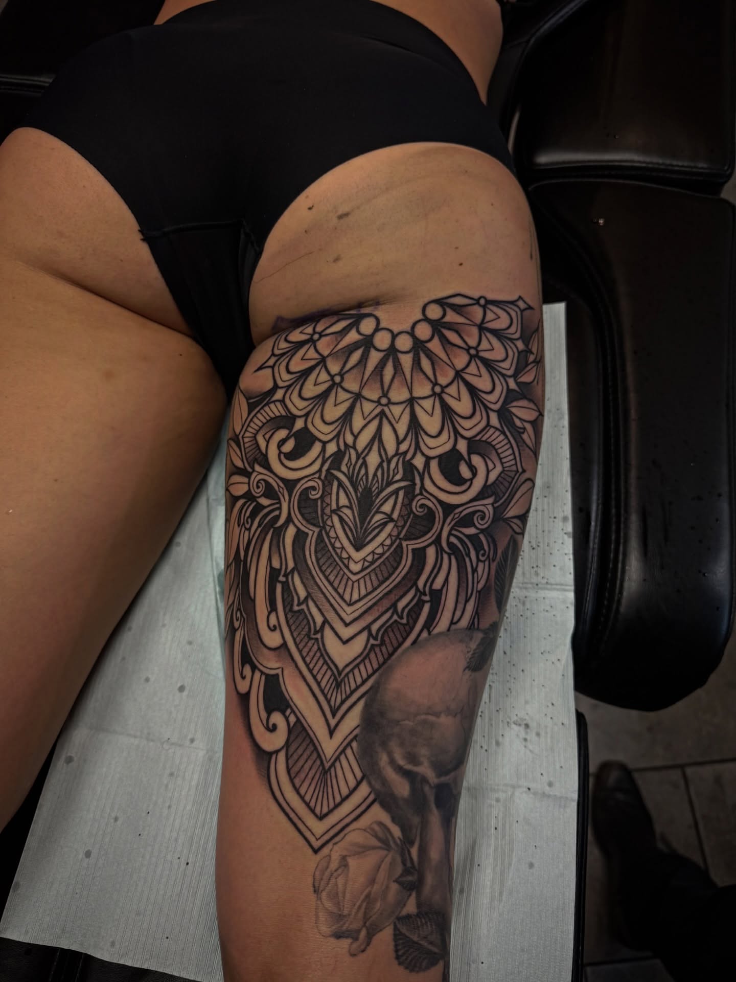 Mandala ornamental tattoo on the thigh by Ryan K Severe