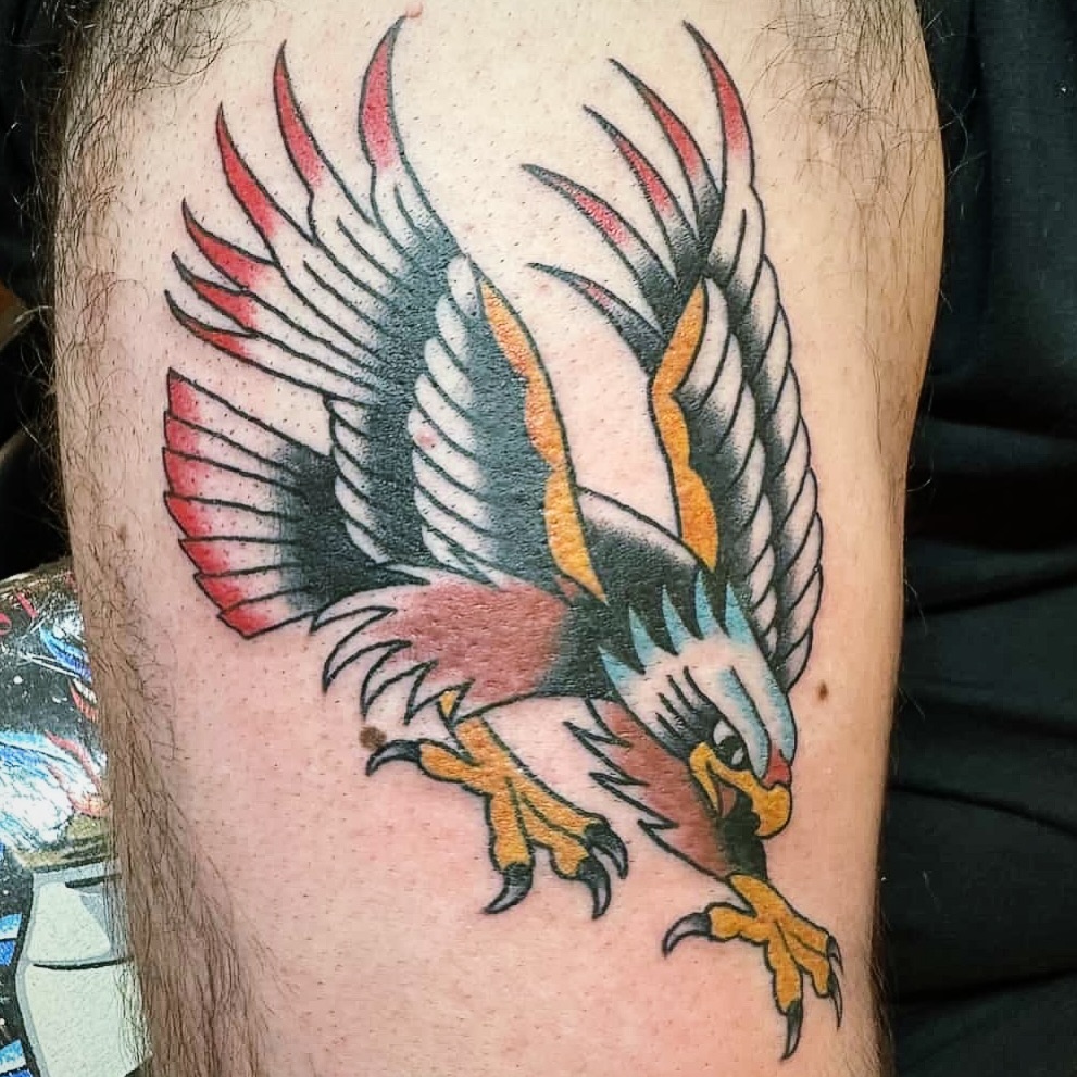 Eagle American traditional tattoo on the forearm by Cam TallBoy SLC Tattoo Artist, Salt Lake City, Utah