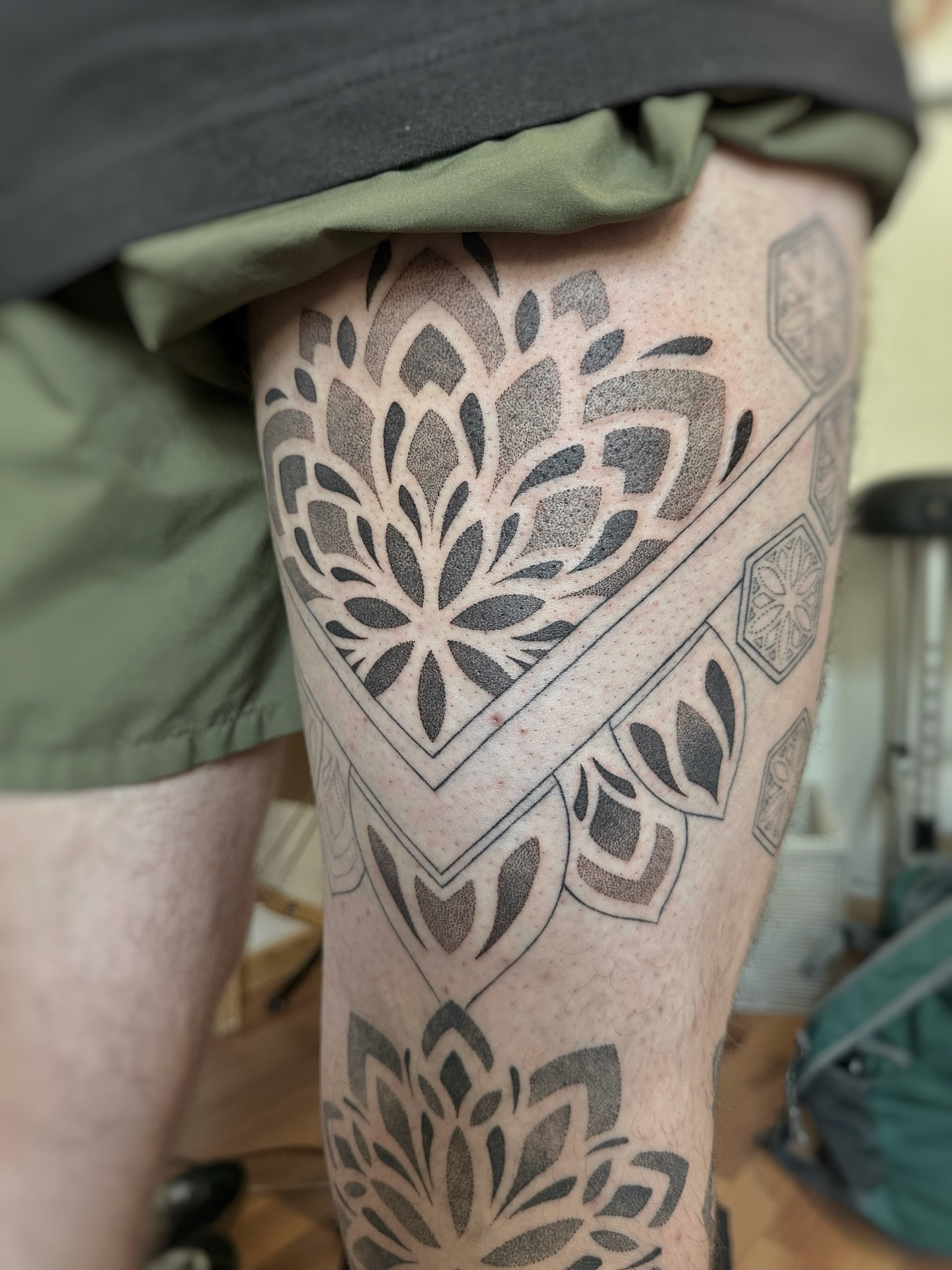 Geometric mandala geometric tattoo on the thigh by jaclyn park