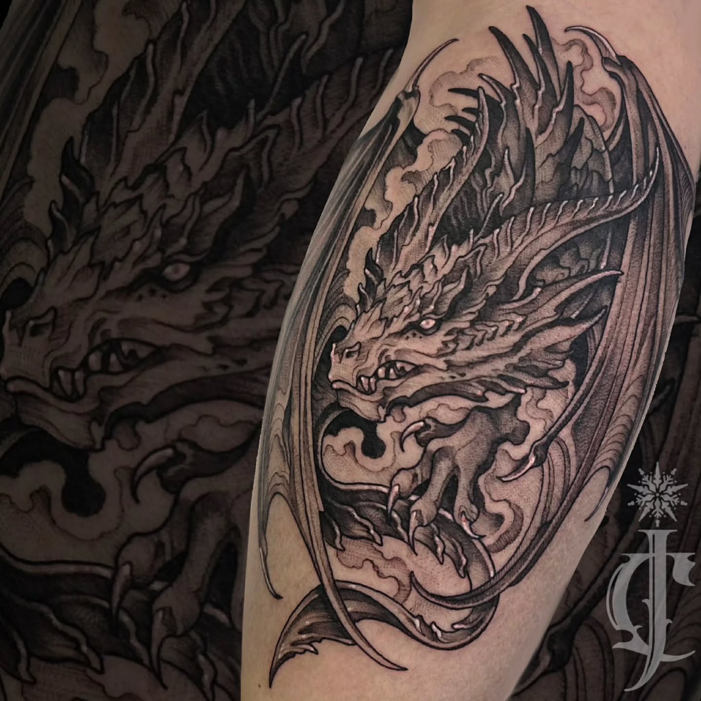 Dragon realism tattoo on the forearm by Jessica Canvas