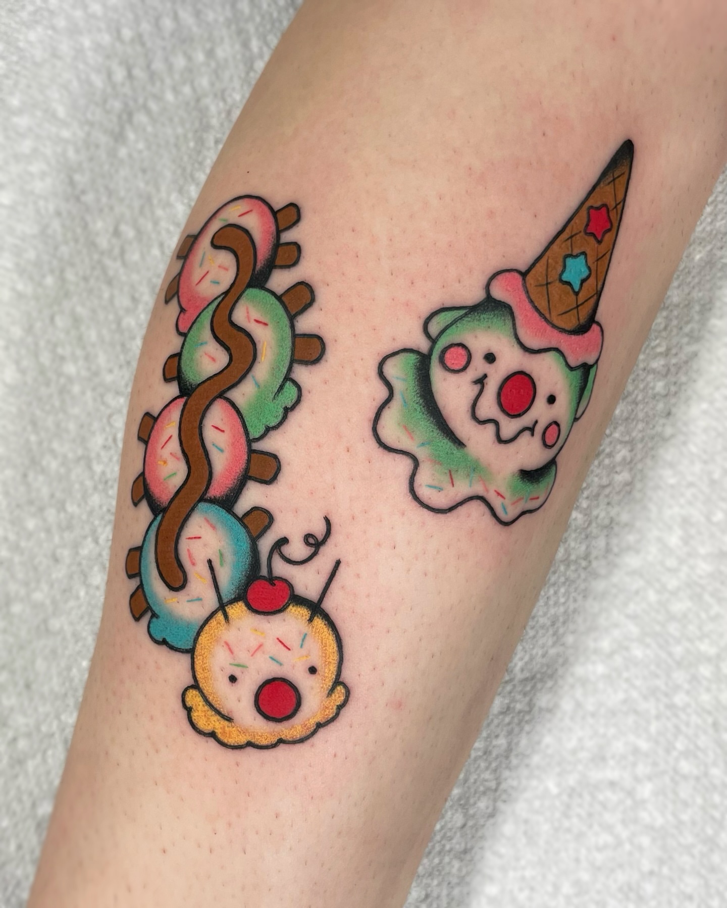 Ice cream characters new school tattoo on the forearm by 𝕬𝖓𝖆𝖇𝖊𝖑𝖑 𝕸𝖔𝖗𝖔