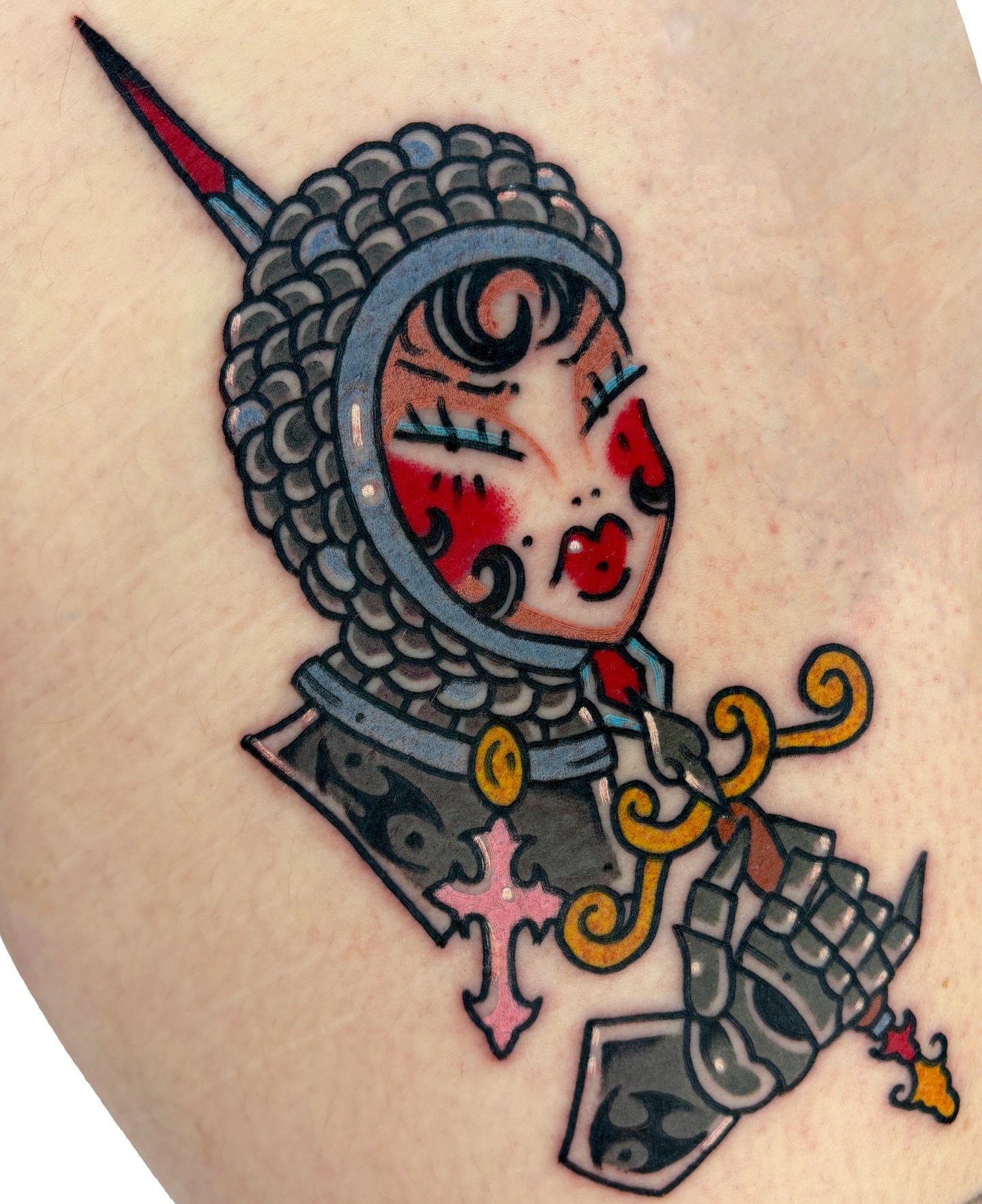 Female knight American traditional tattoo on the forearm by Bella