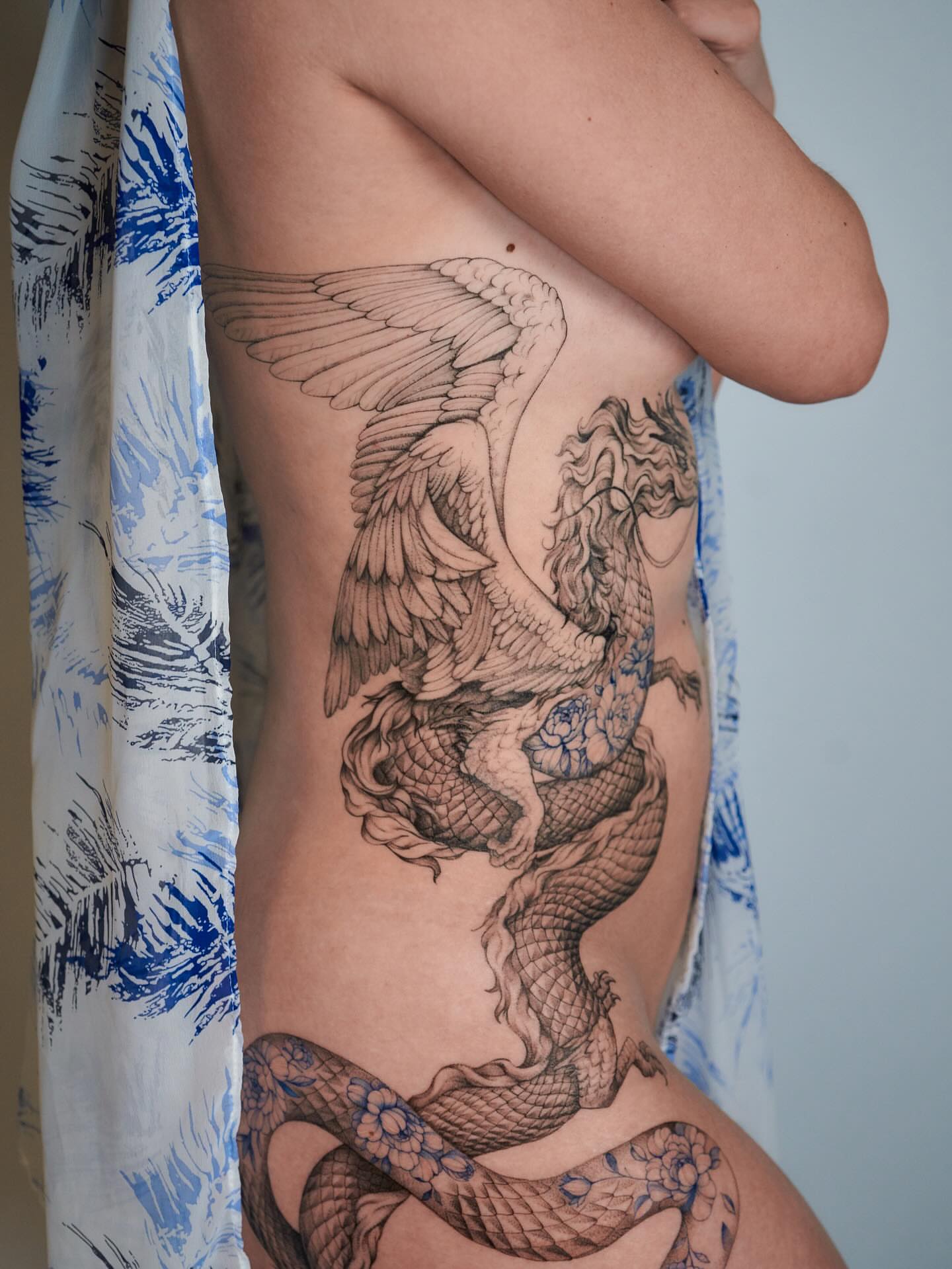 Phoenix and snake black and grey tattoo on the thigh by Tattoo artist LA ། Fine line, Micro realism