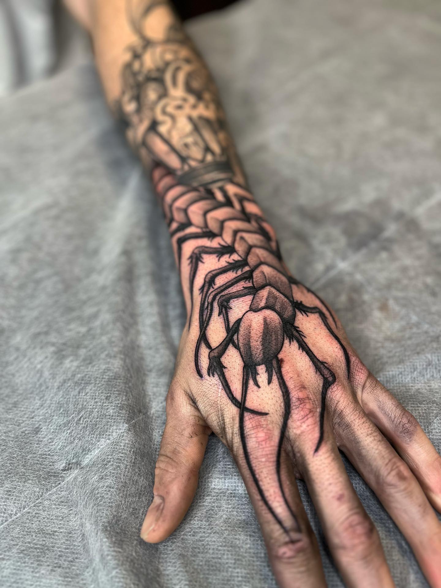 Centipede black and grey tattoo on the hand by ✣ Liz Karn ✣
