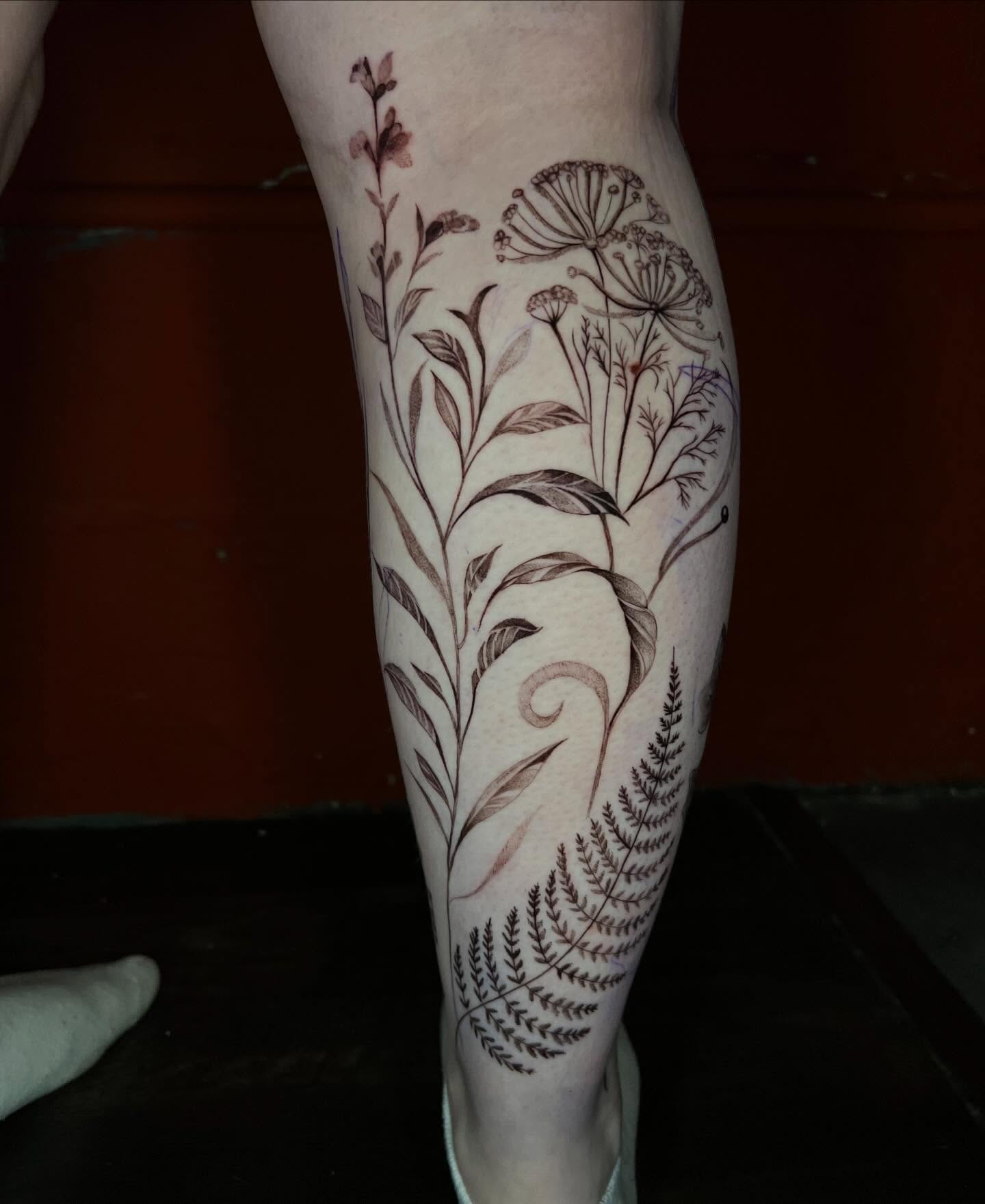 Botanical black and grey tattoo on the calf by ✧ :: paloma :: ✧