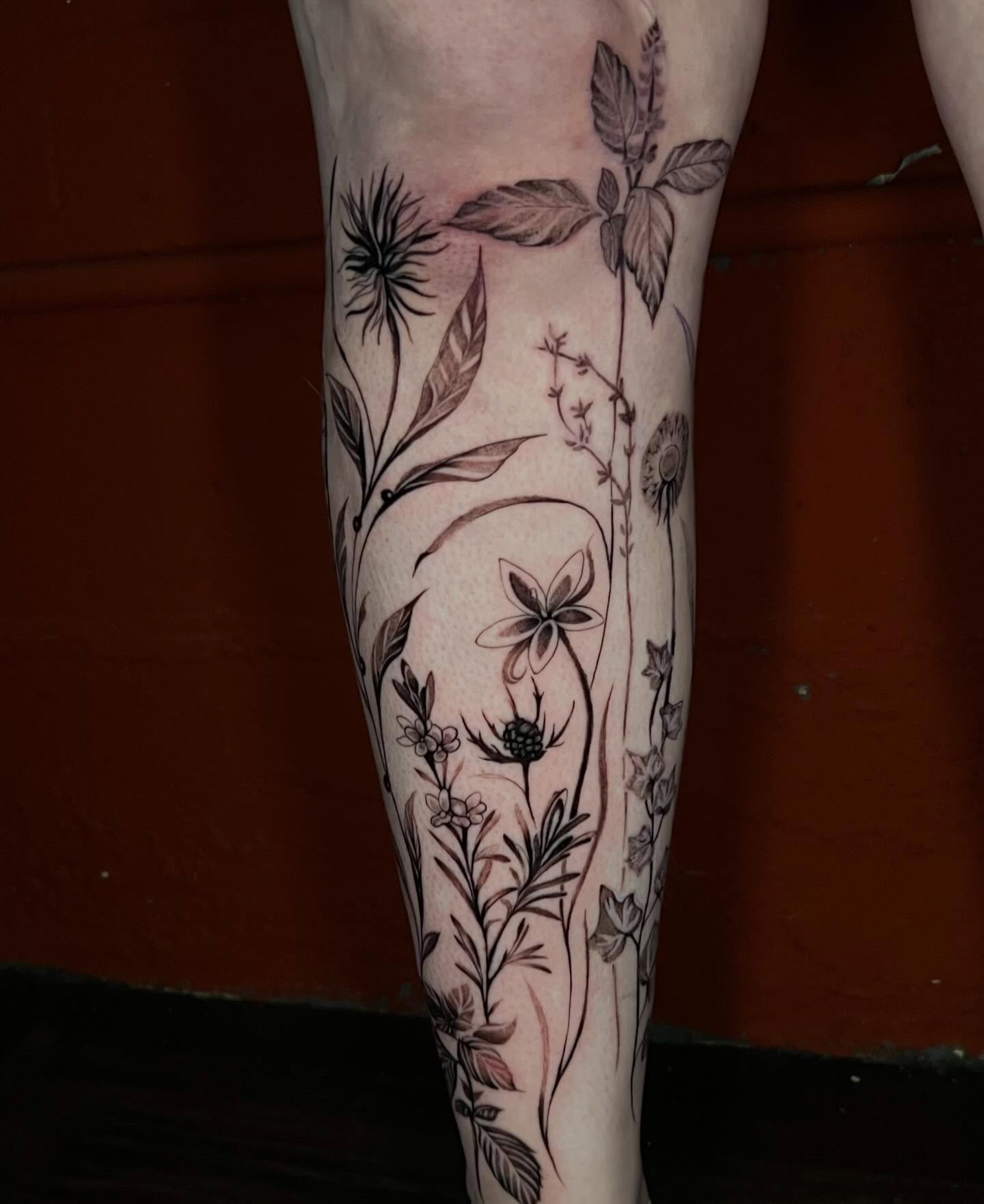 Floral arrangement fine line tattoo on the calf by ✧ :: paloma :: ✧