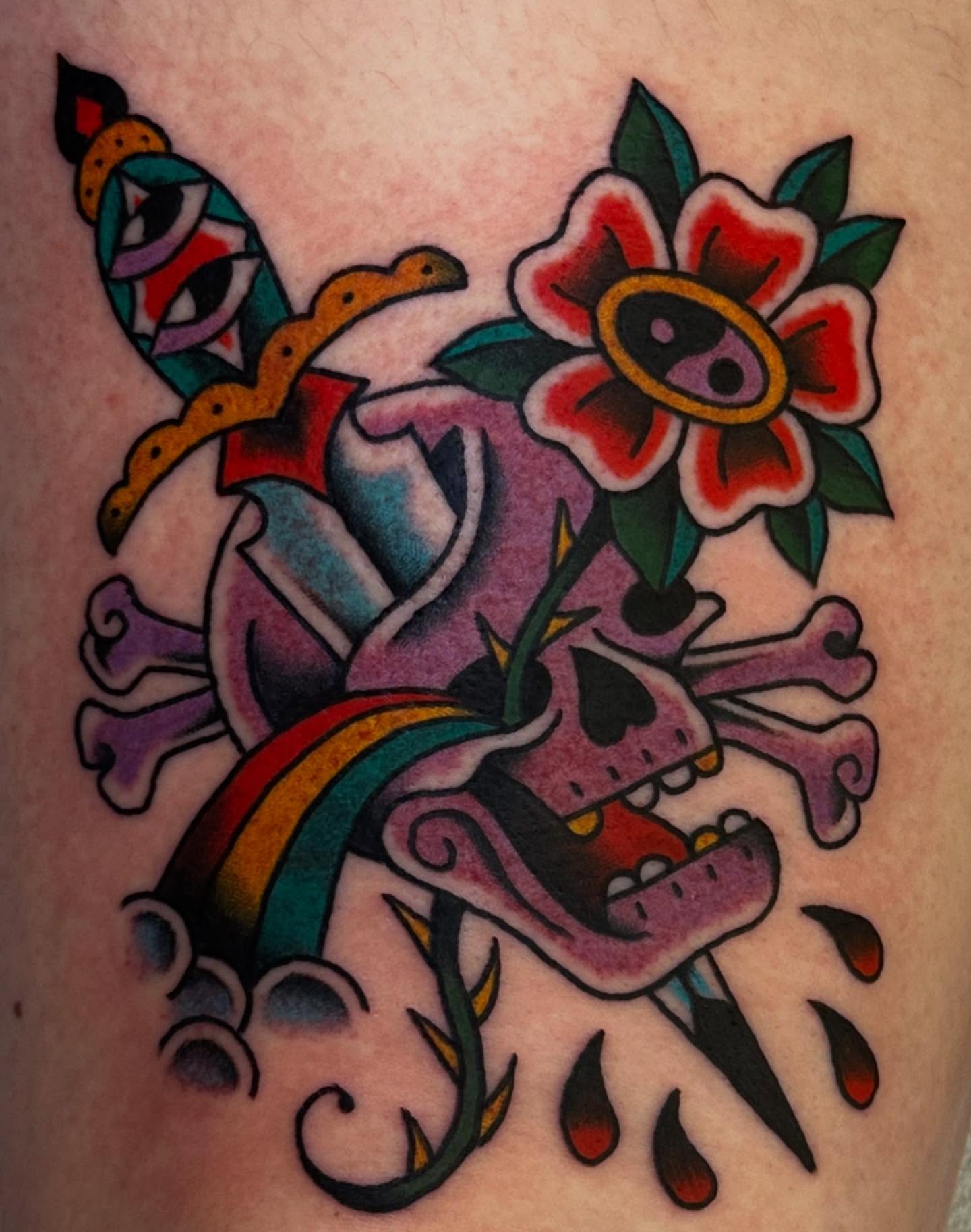 Snake and skull American traditional tattoo on the thigh by ࿊ Emma Sloan Tattoos ࿊, Austin, Texas