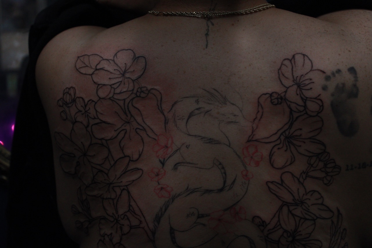 Cherry blossoms and rabbit black and grey tattoo on the back by Lexi