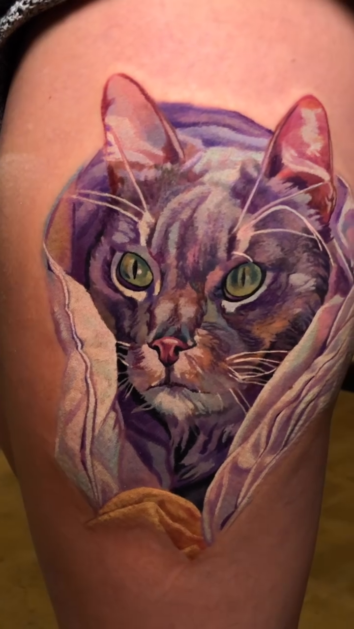 Cat realism tattoo by Slava Bodrov