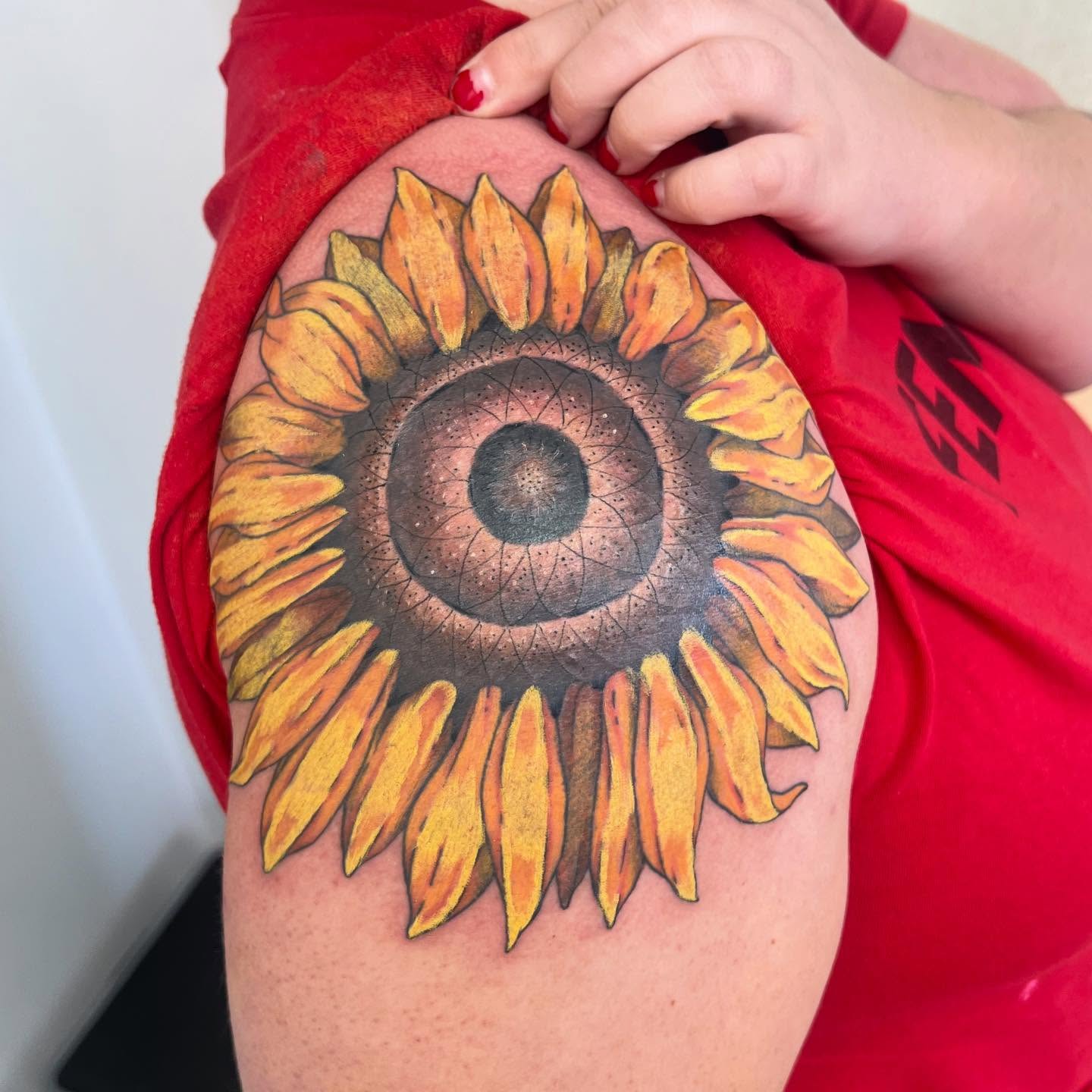 Sunflower realism tattoo on the shoulder by 🍄‍🟫🍄Moth🍄🍄‍🟫