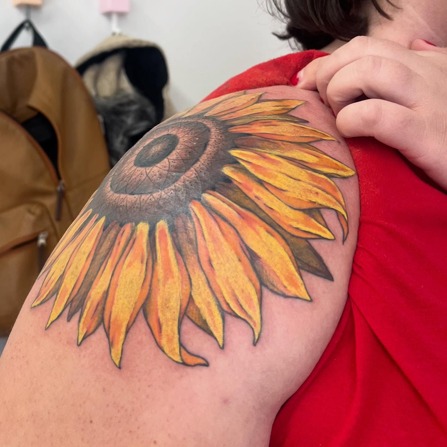 Sunflower realism tattoo on the shoulder by 🍄‍🟫🍄Moth🍄🍄‍🟫