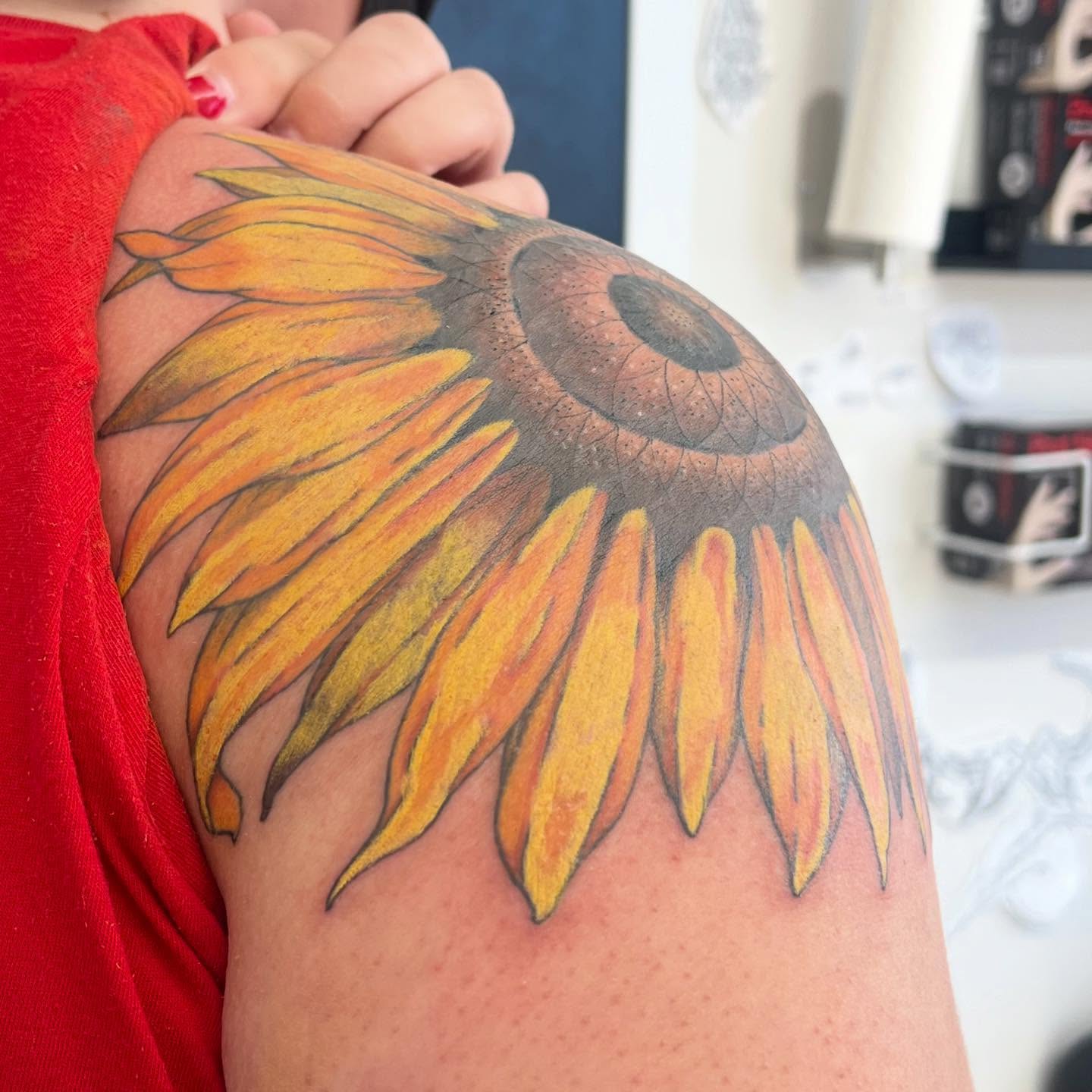 Sunflower realism tattoo on the shoulder by 🍄‍🟫🍄Moth🍄🍄‍🟫