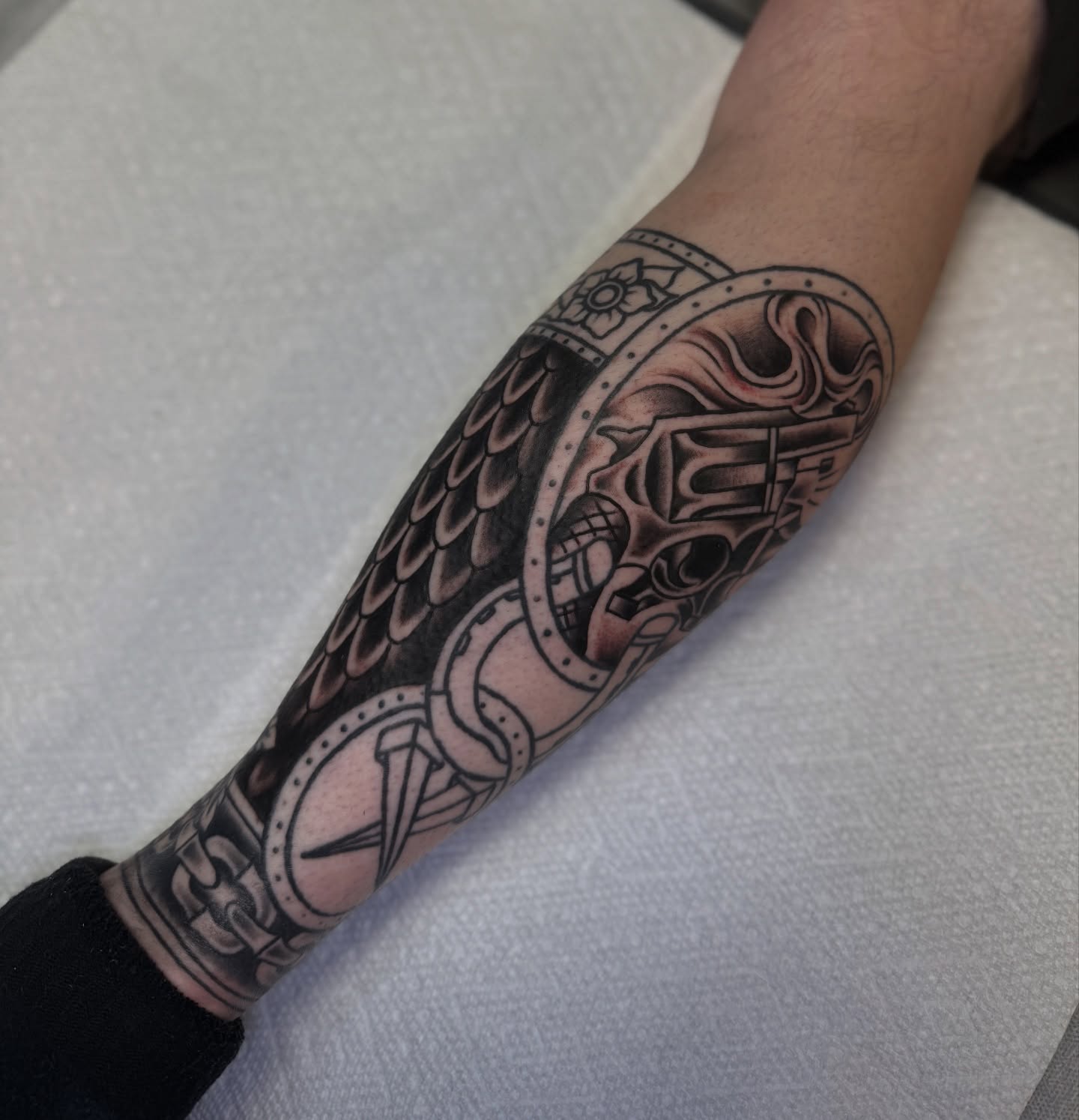 Mechanical gear black and grey tattoo on the forearm by Preston-NJ Tattoo Artist