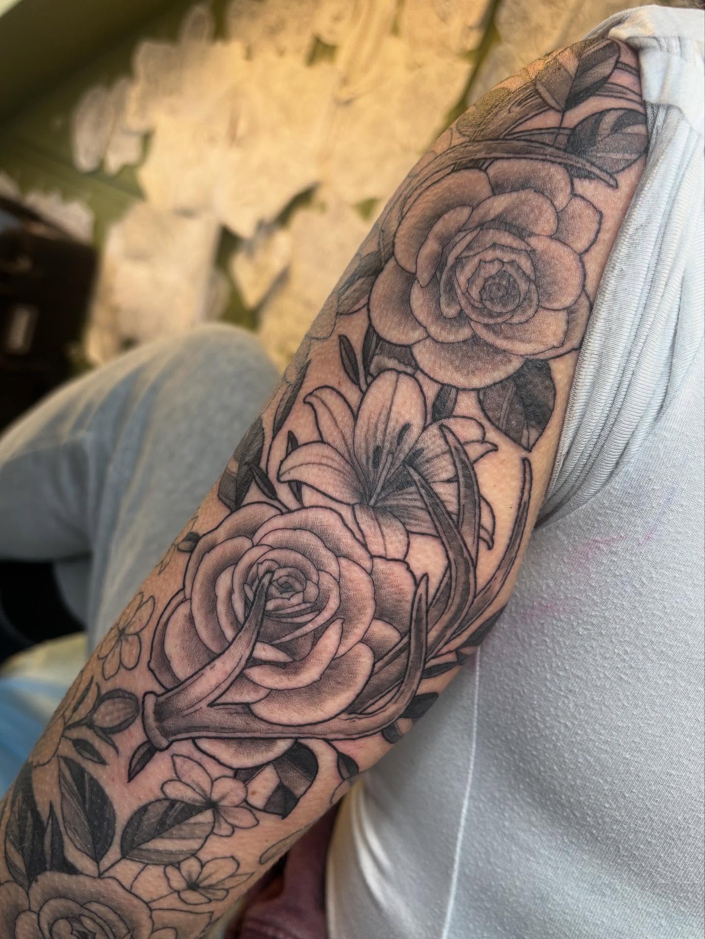 Flowers black and grey tattoo on the forearm by š¤Madeline Kristenš¤, Somerset, Wisconsin
