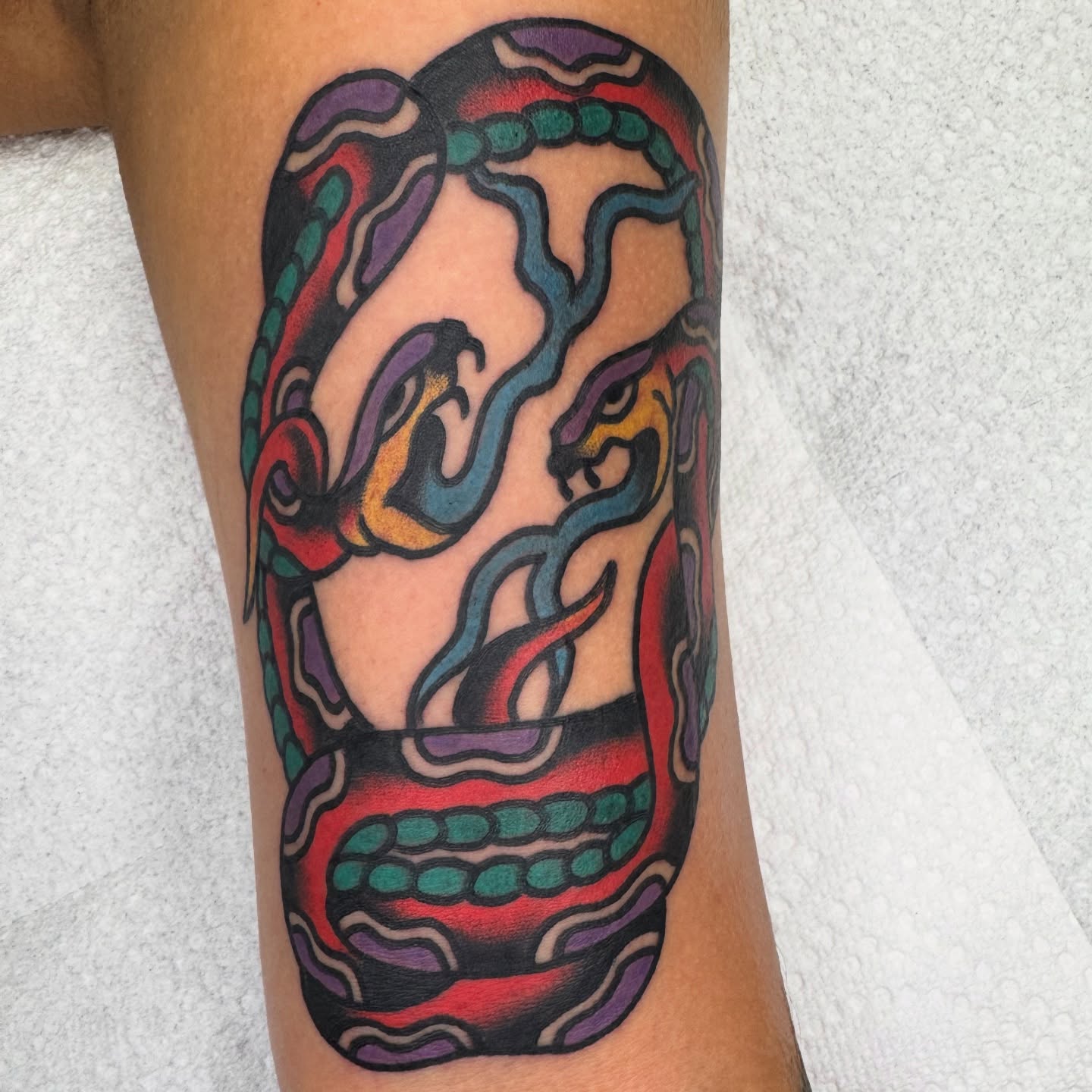 Snake American traditional tattoo on the forearm by Kenny Kastro