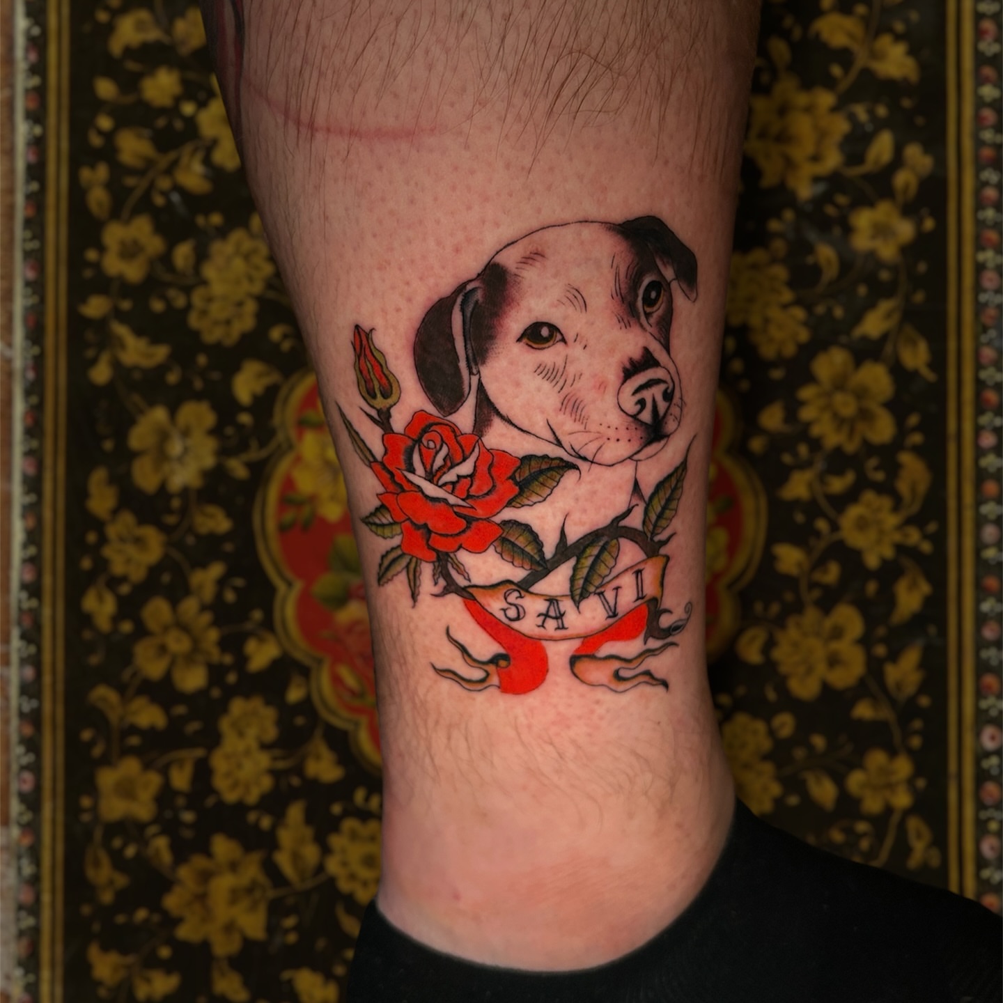 Dog with roses American traditional tattoo on the forearm by ⁂ 𝕽𝖊𝖆𝖌𝖆𝖓⁂, Texas City, Texas