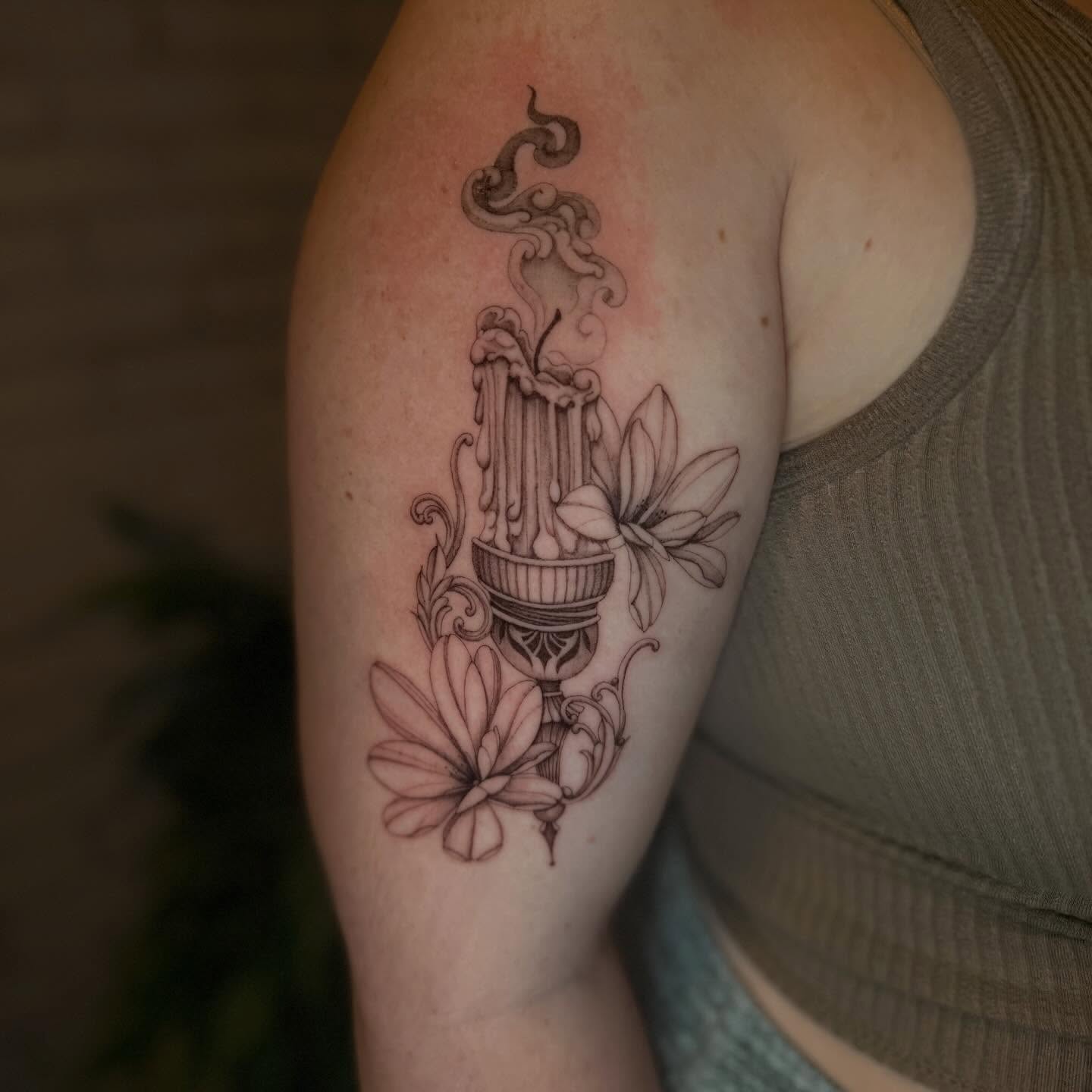 Candle and flowers black and grey tattoo on the shoulder by ❀ Moo, Mount Laurel, New Jersey