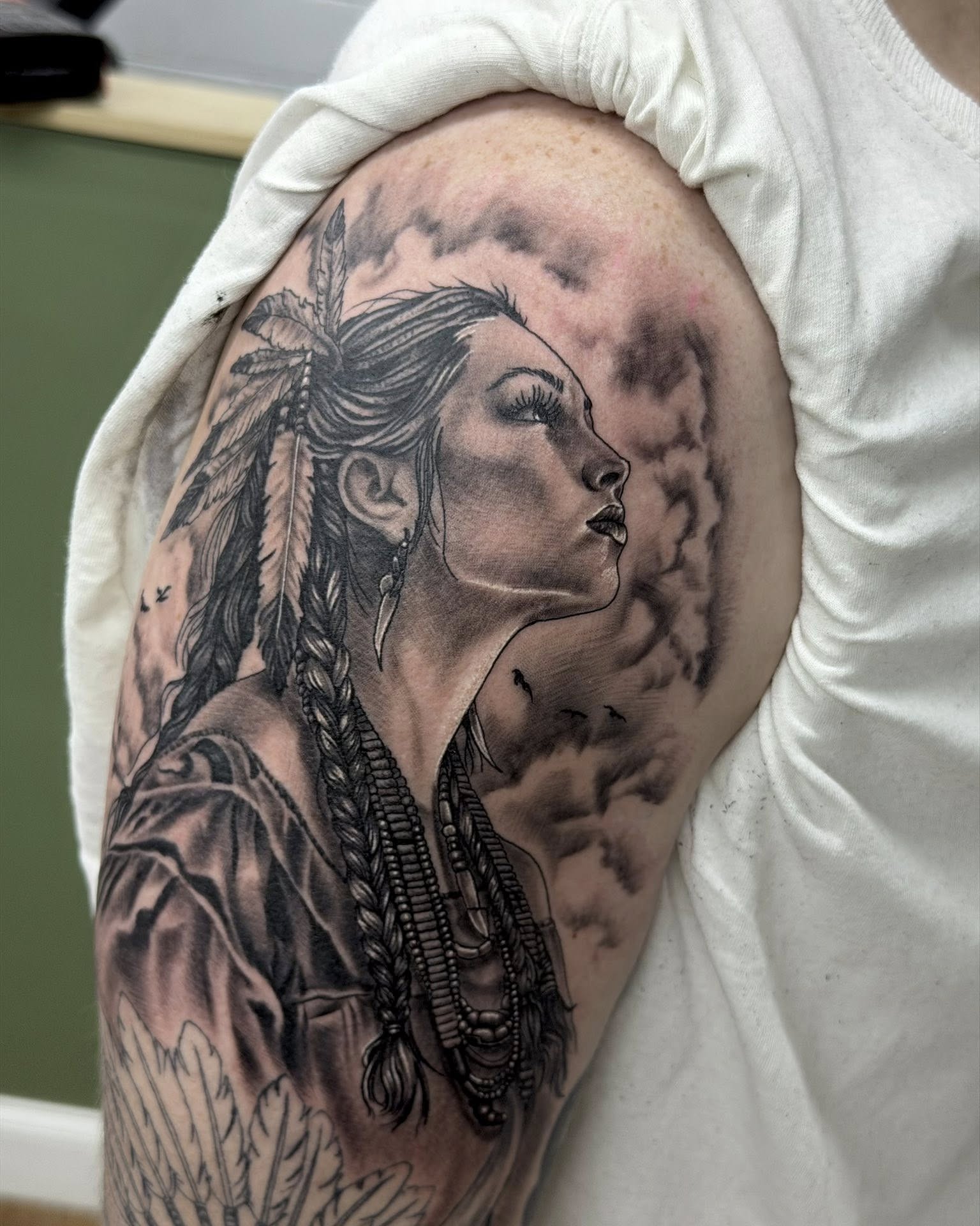 Indian woman realism tattoo on the shoulder by Corey Bailey, Stanton, Kentucky