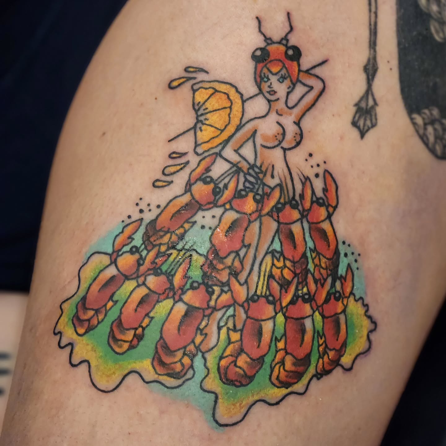 Lobster dress American traditional tattoo on the thigh by Sonya ๐ฟ๐ธ๐พ