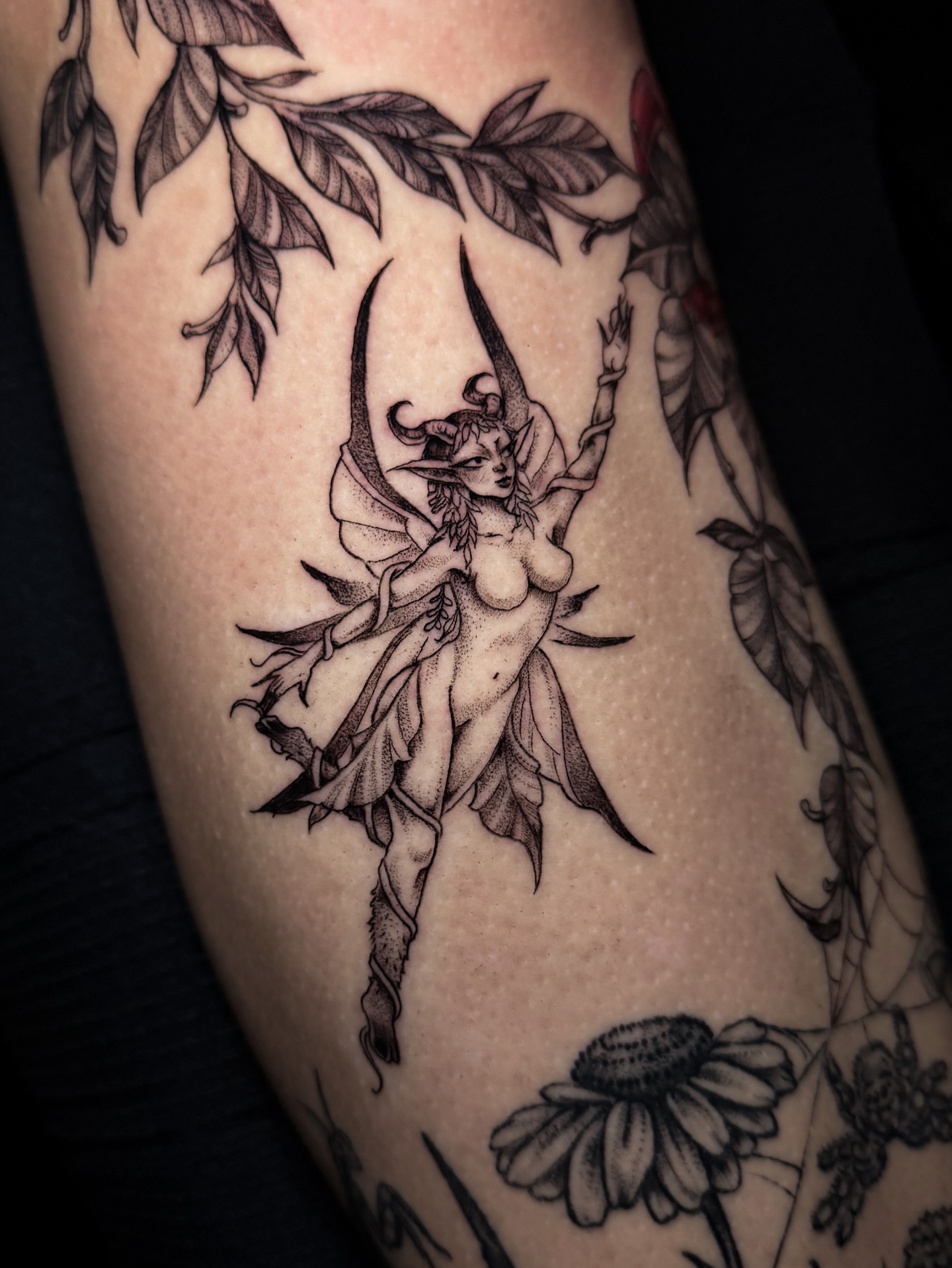 Fairy black and grey tattoo on the thigh by Cristen Aro