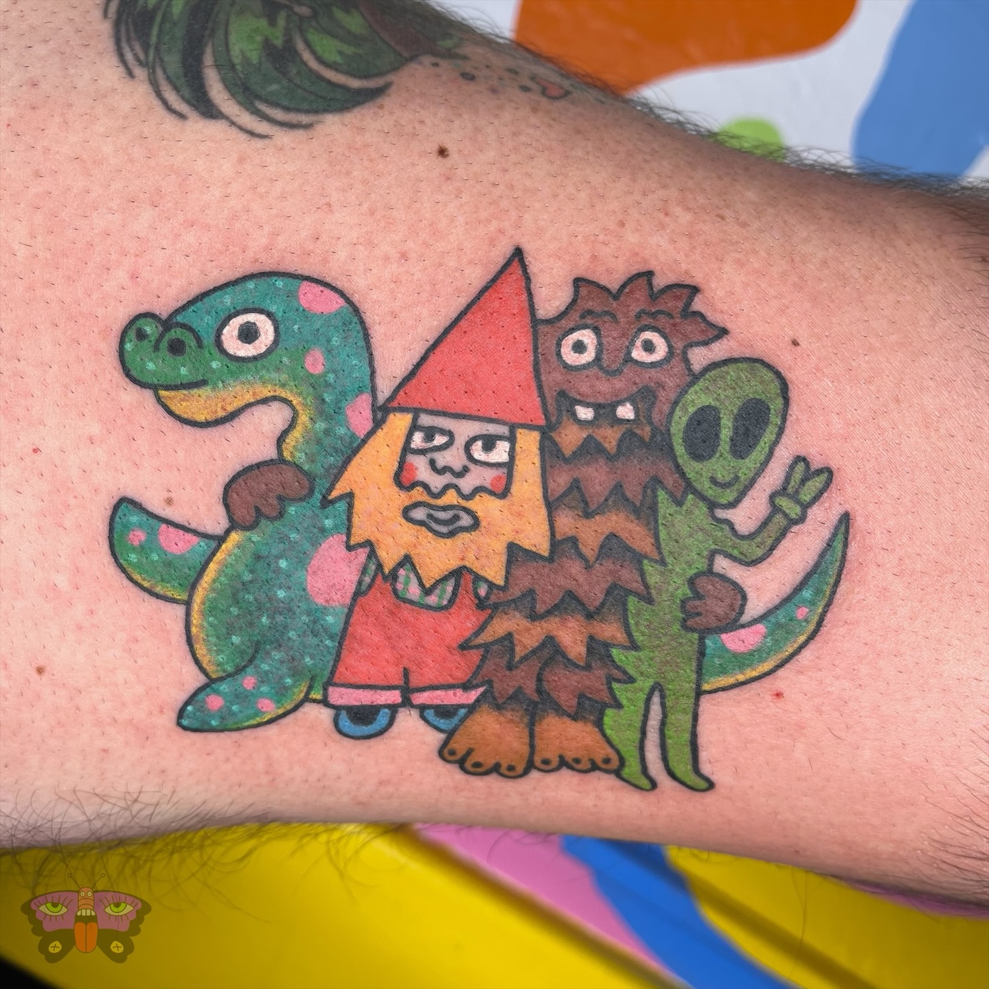 Gnome and creatures new school tattoo on the forearm by Jess Koala, San Francisco, California