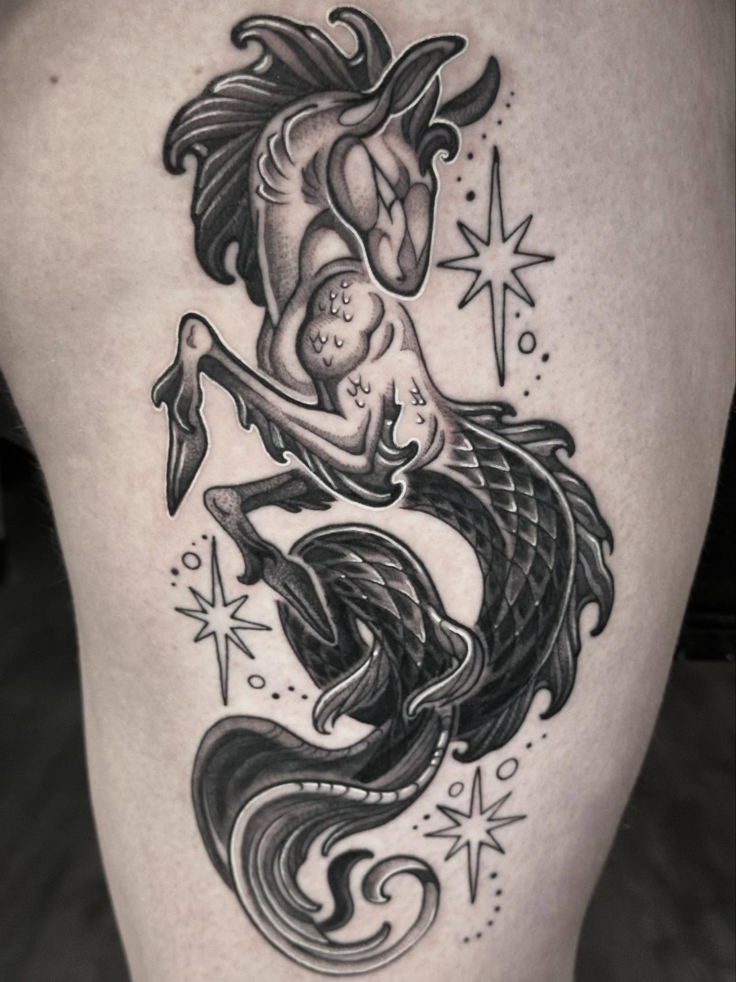 Mermaid black and grey tattoo on the thigh by π»ππππ β½ πΏππππ, Franklin, Tennessee