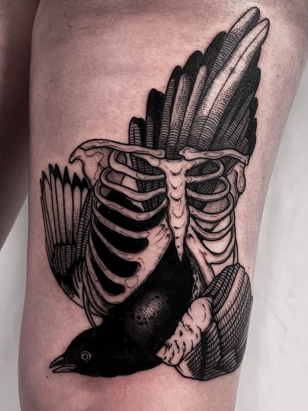 Crow skeleton realism tattoo on the thigh by 𝐋𝐢𝐬𝐚 𝐊𝐨𝐫𝐳𝐞𝐧𝐨𝐰𝐬𝐤𝐢