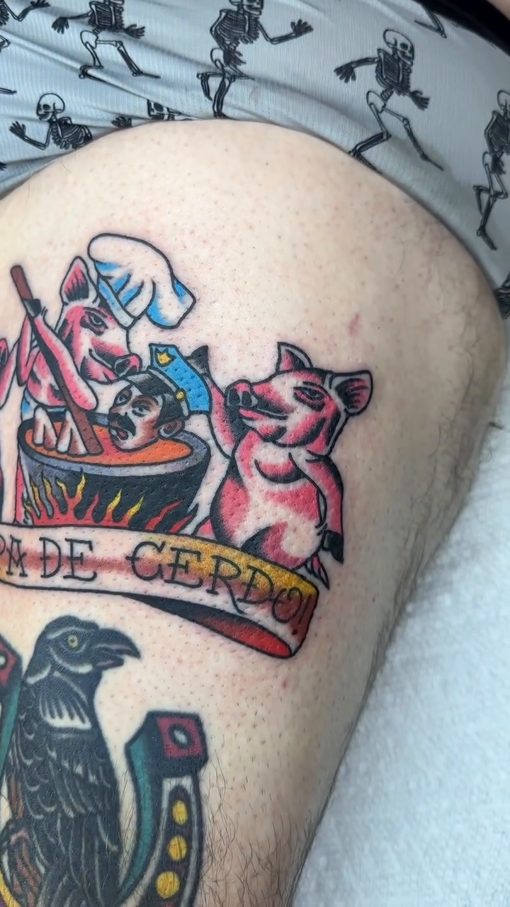 Pigs and pot American traditional tattoo by Keon Ostby, Tempe, Arizona