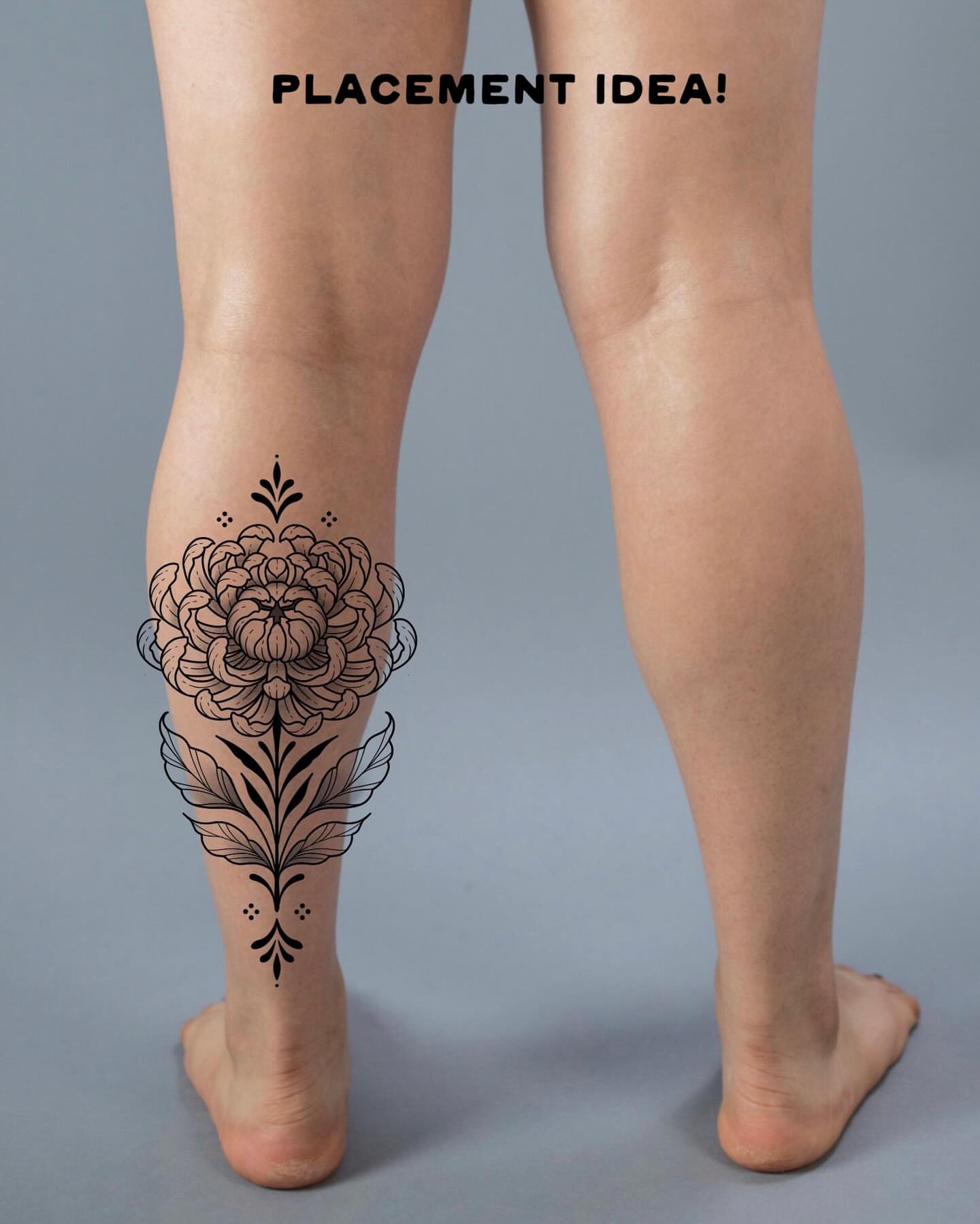 Peony black and grey tattoo on the calf by Krista - Tattoo Artist
