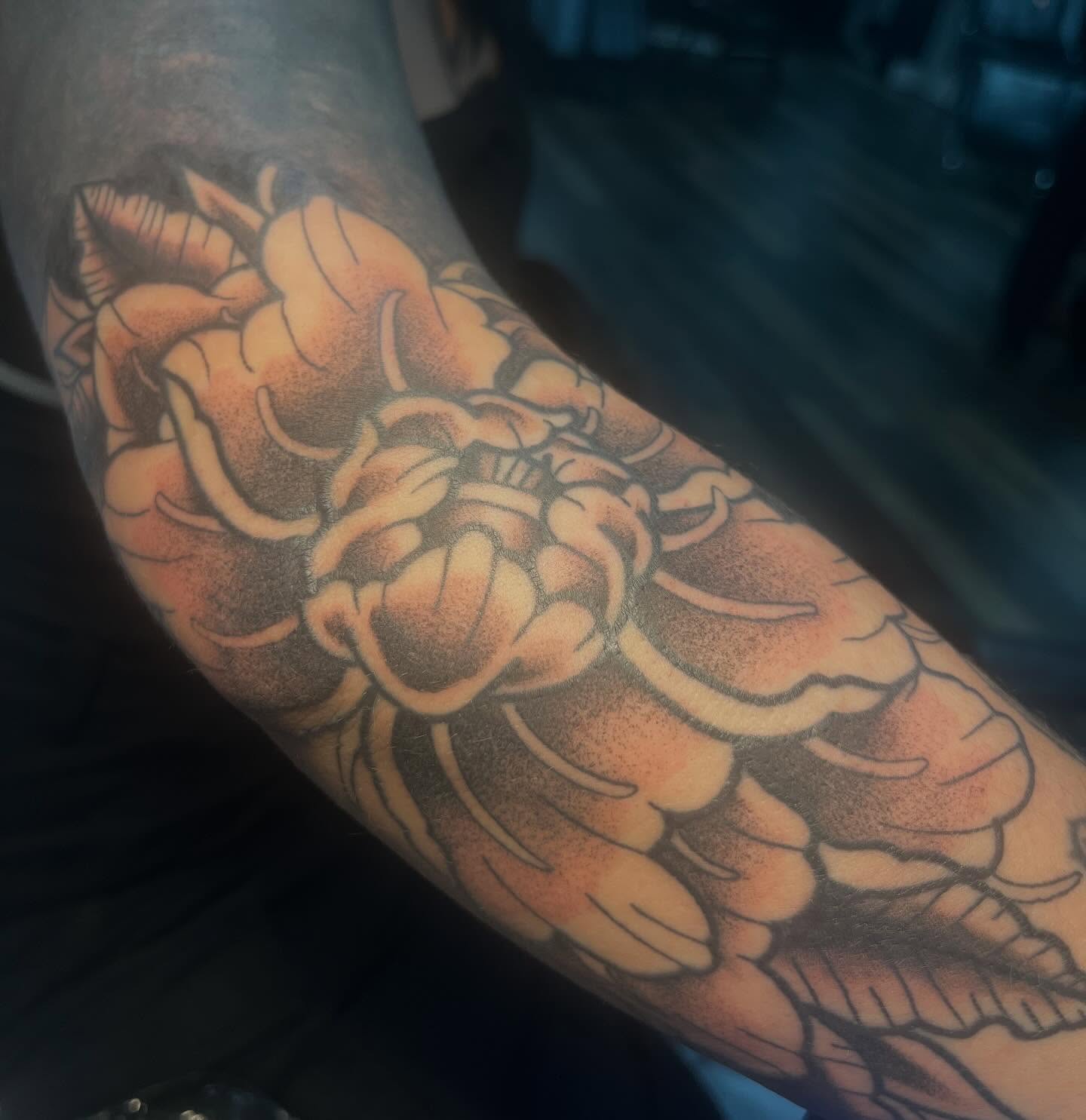 Lotus flower dotwork tattoo on the forearm by monk
