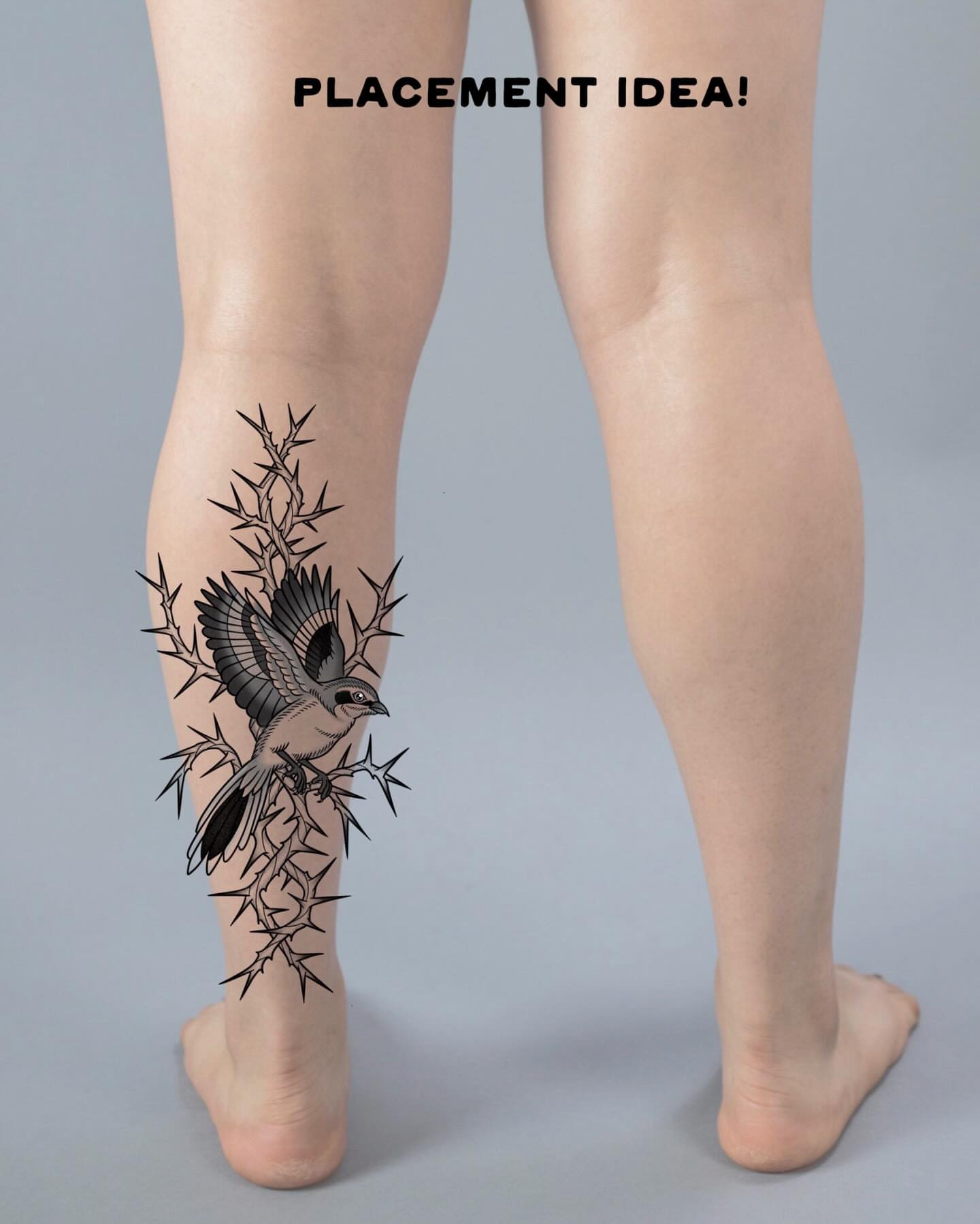Bird and thorns black and grey tattoo on the calf by Krista - Tattoo Artist