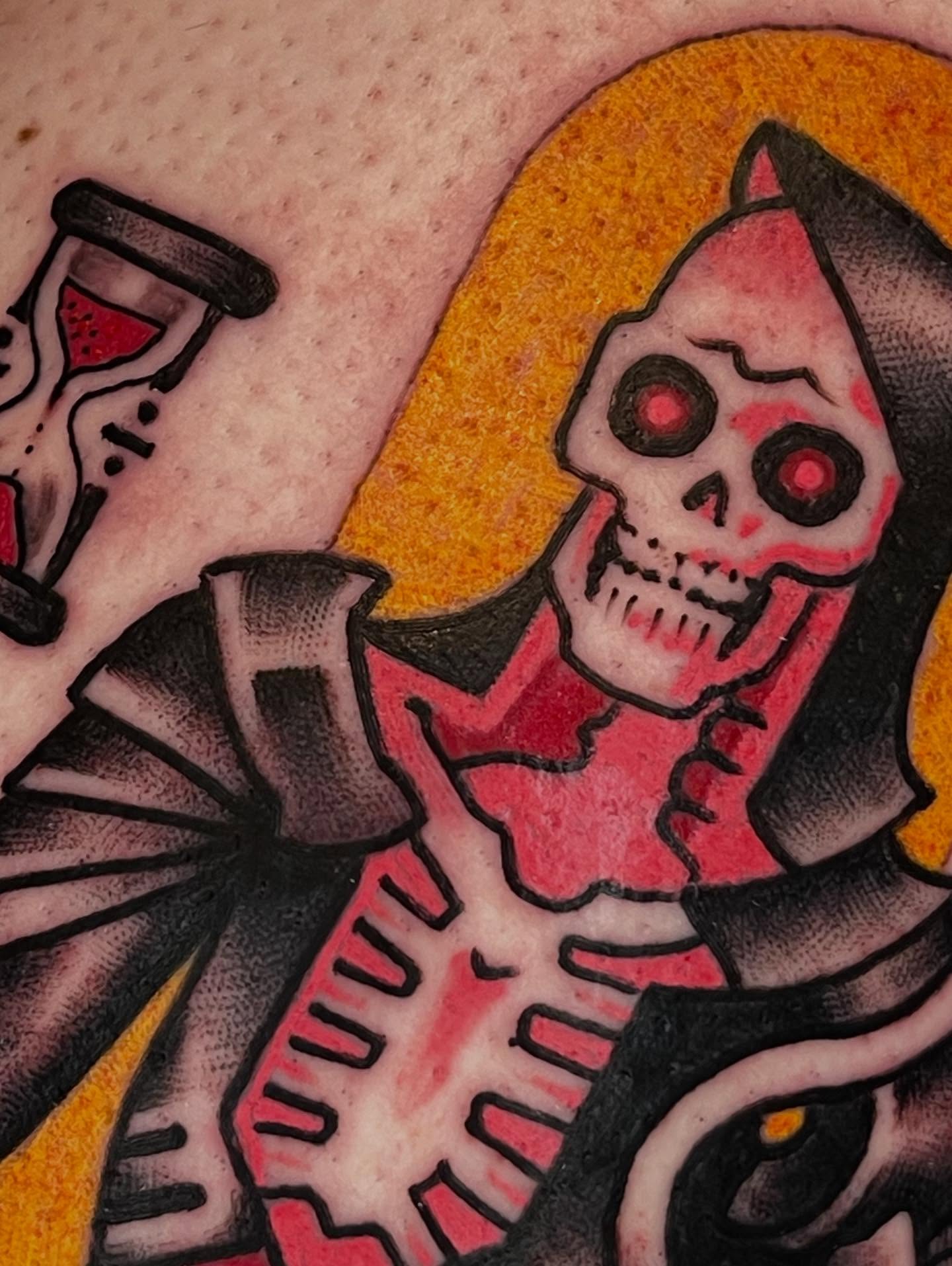 Skeleton American traditional tattoo on the chest by Ian Bederman, Austin, Texas