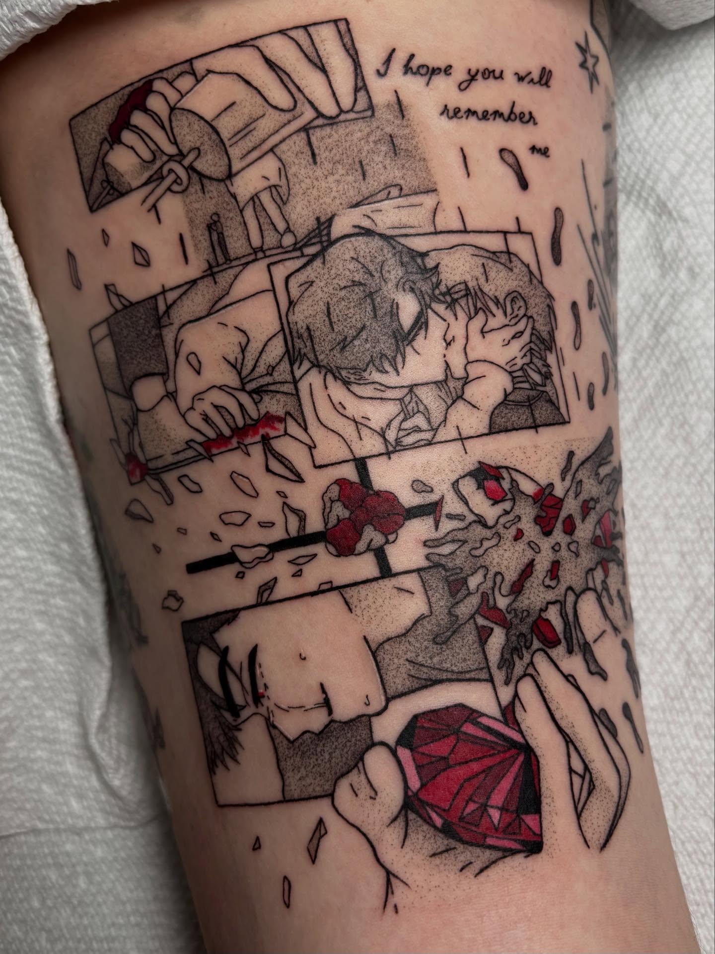 Emotional scene dotwork tattoo on the forearm by mia aka chuu (◕ ˬ ◕ ✿)