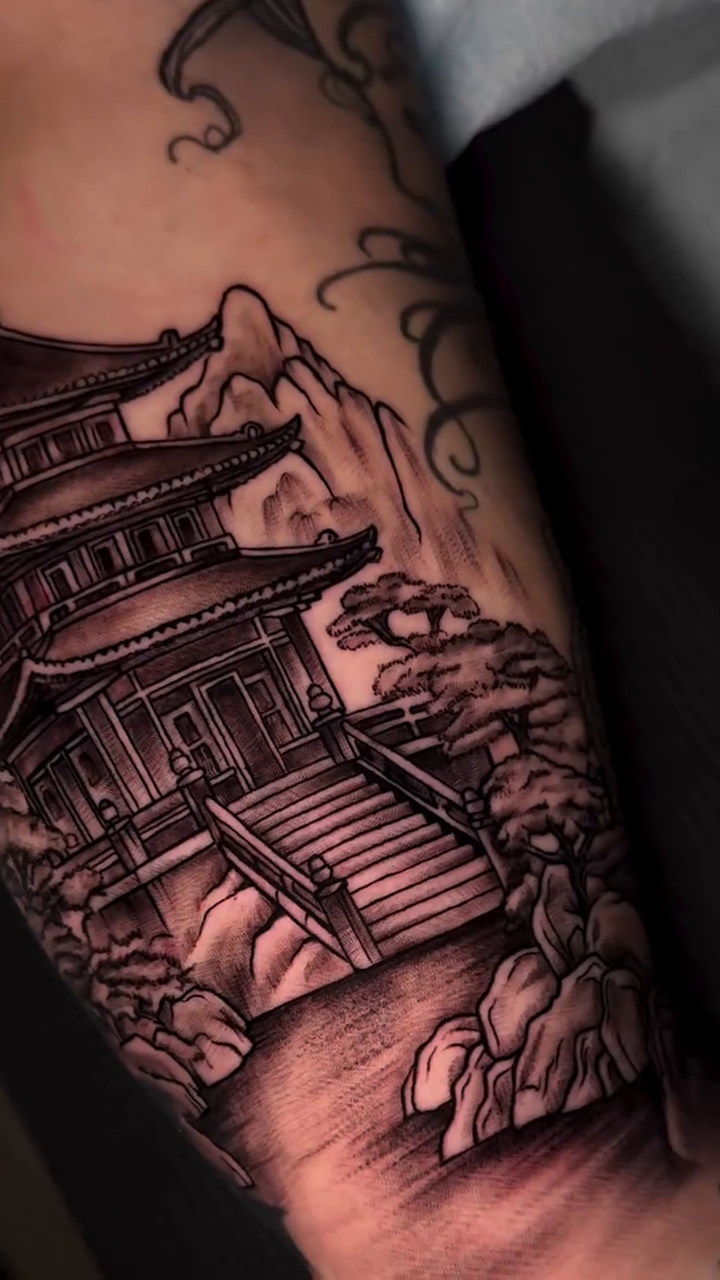Japanese pagoda and landscape japanese irezumi tattoo by Montreal Tattoo Artist