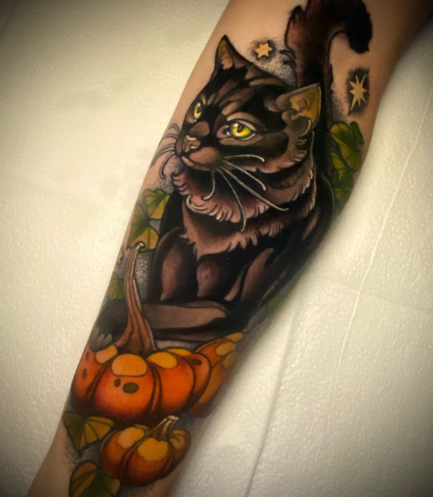 Cat and pumpkins realism tattoo on the forearm by ＊ 𝙴𝚁𝙸𝙺𝙰 𝚆𝙷𝙸𝚃𝙴 ＊ 𝙱𝙻𝚄𝙴 𝚃𝙾𝚁𝙲𝙷 𝚃𝙰𝚃𝚃𝙾𝙾