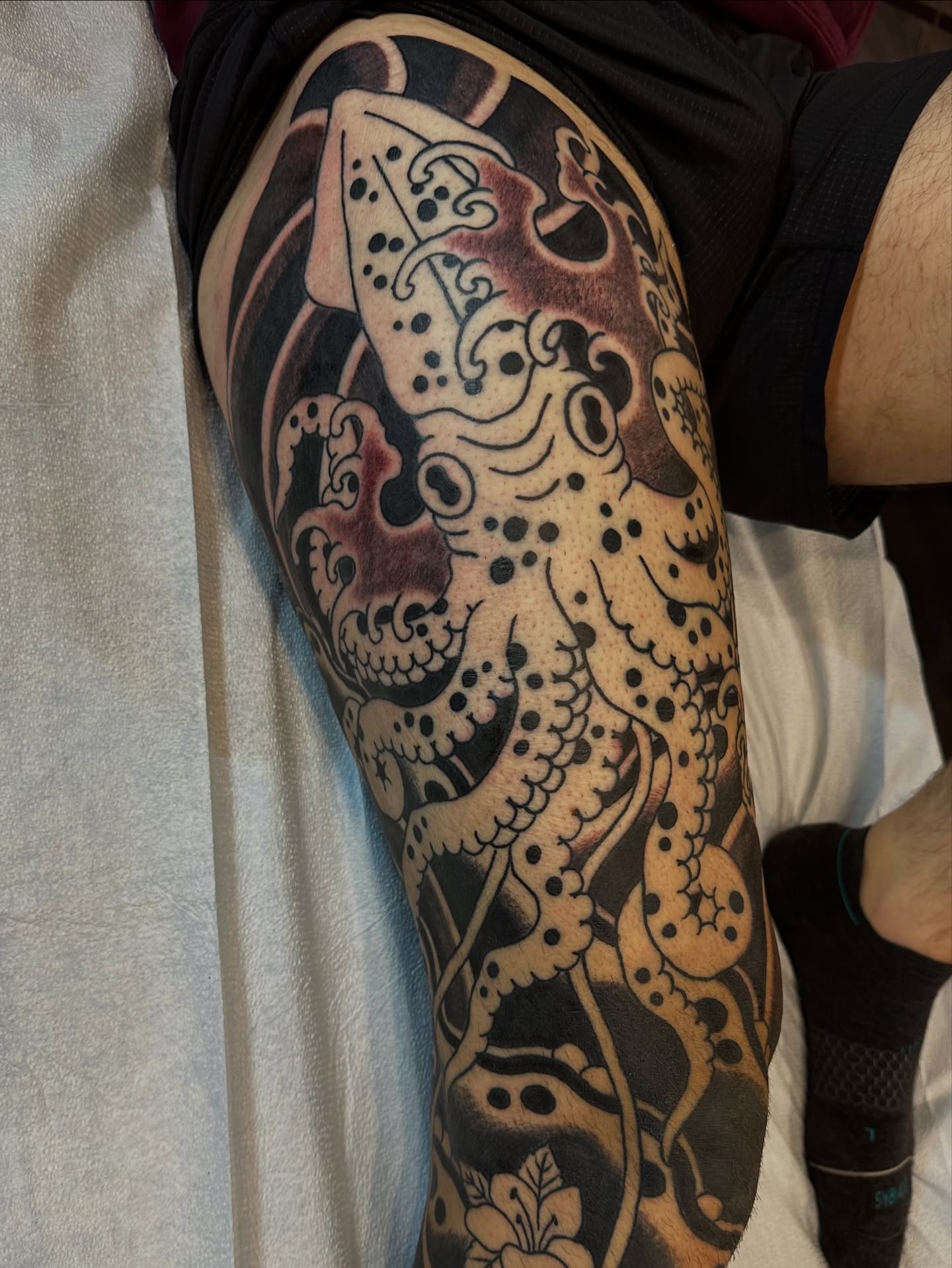 Octopus dotwork tattoo on the thigh by Daniel Skillingstead