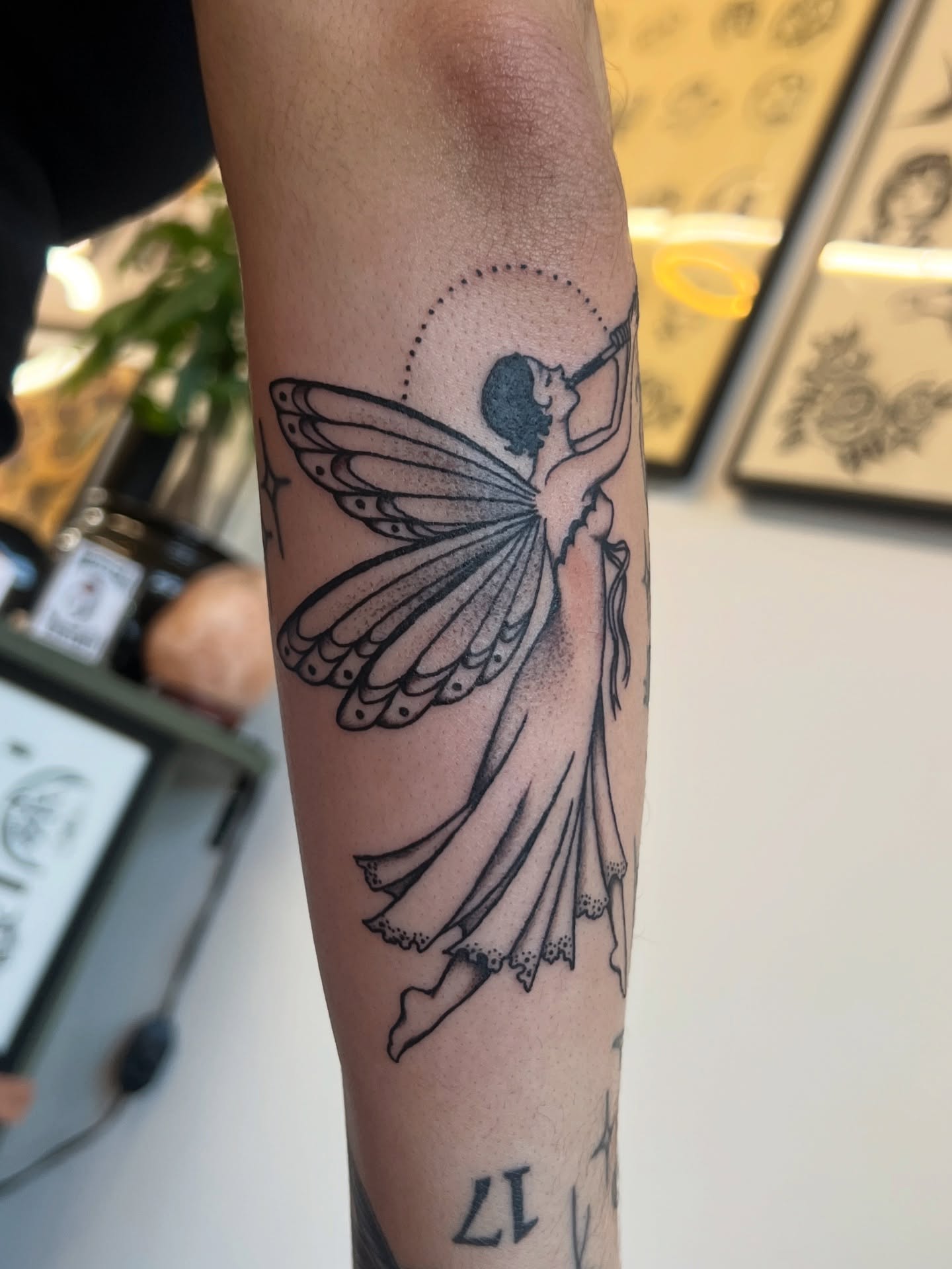 Fairy dotwork tattoo on the forearm by @syrenbier, San Francisco, California