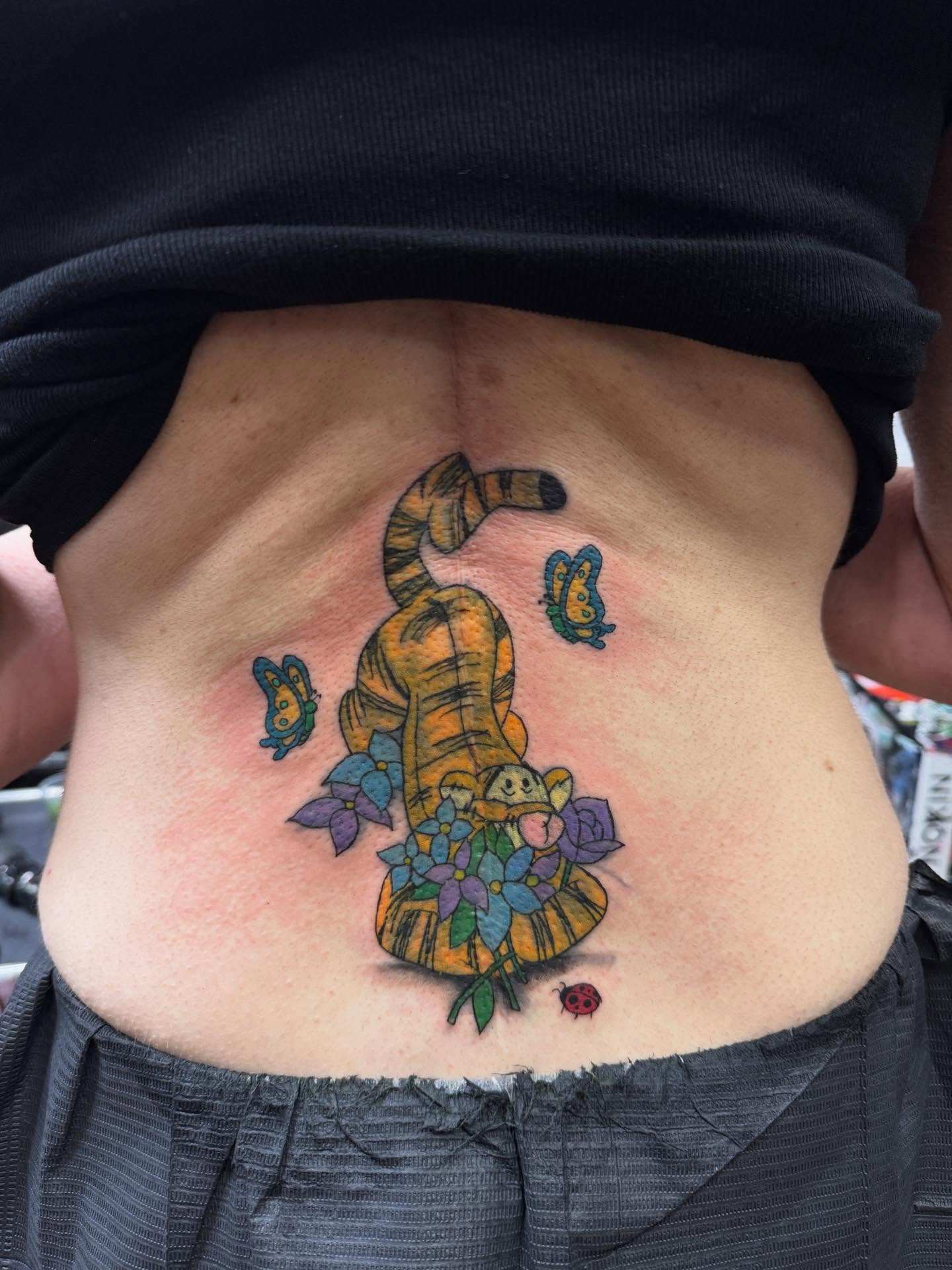 Calico cat and flowers new school tattoo on the torso by Ashley Hsiung *Panda*
